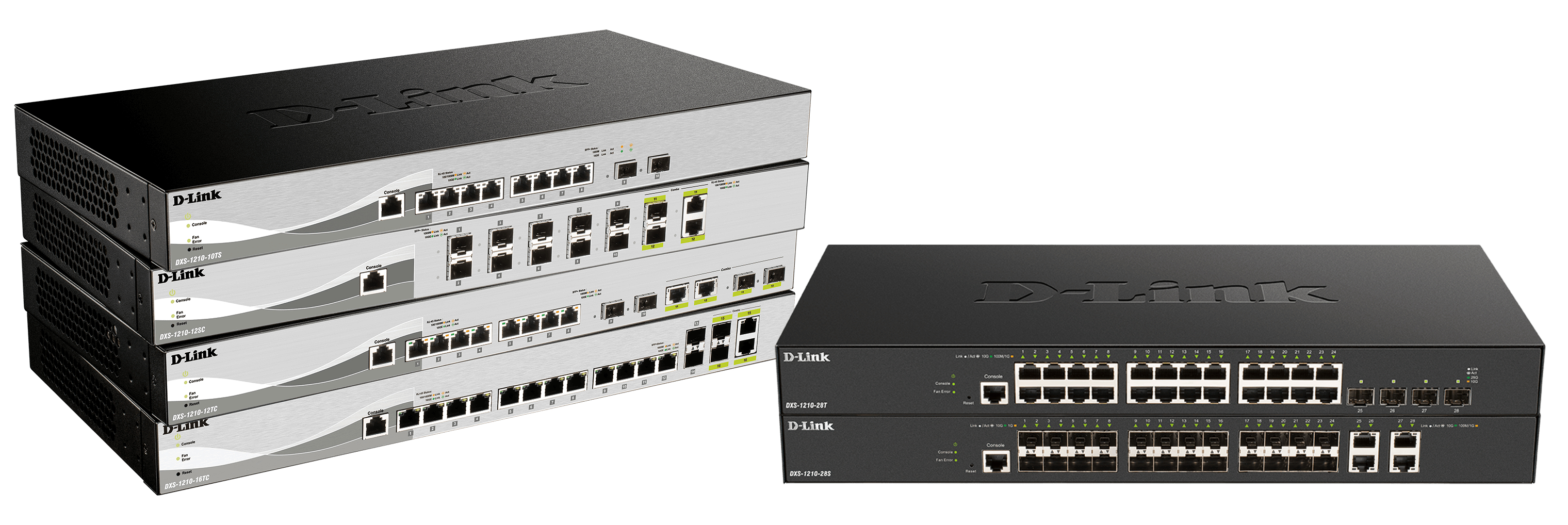 Zwei D-Link-Netzwerk-Switches, gestapelt. Ein Satz ist gestapelt, die anderen beiden nebeneinander.