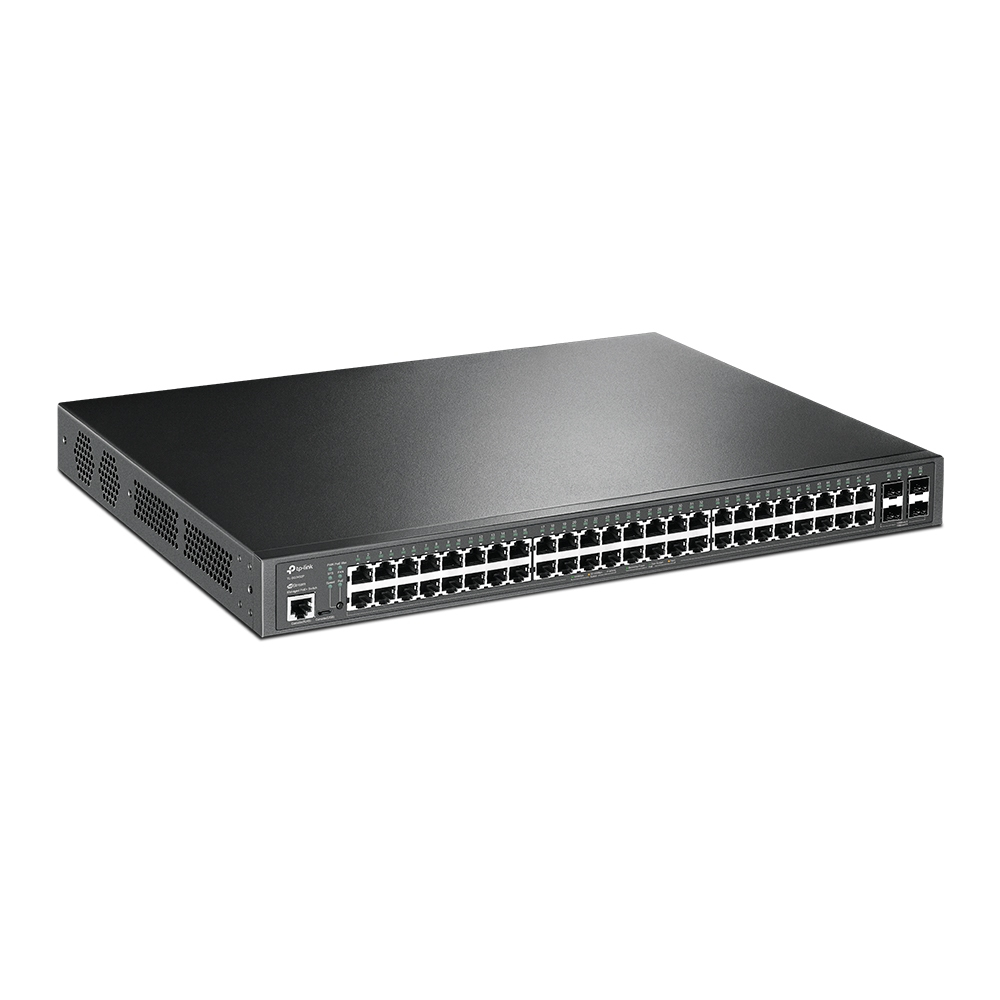 Schwarzer Netzwerk-Switch mit vielen Ports, Draufsicht. Auf weißem Hintergrund.