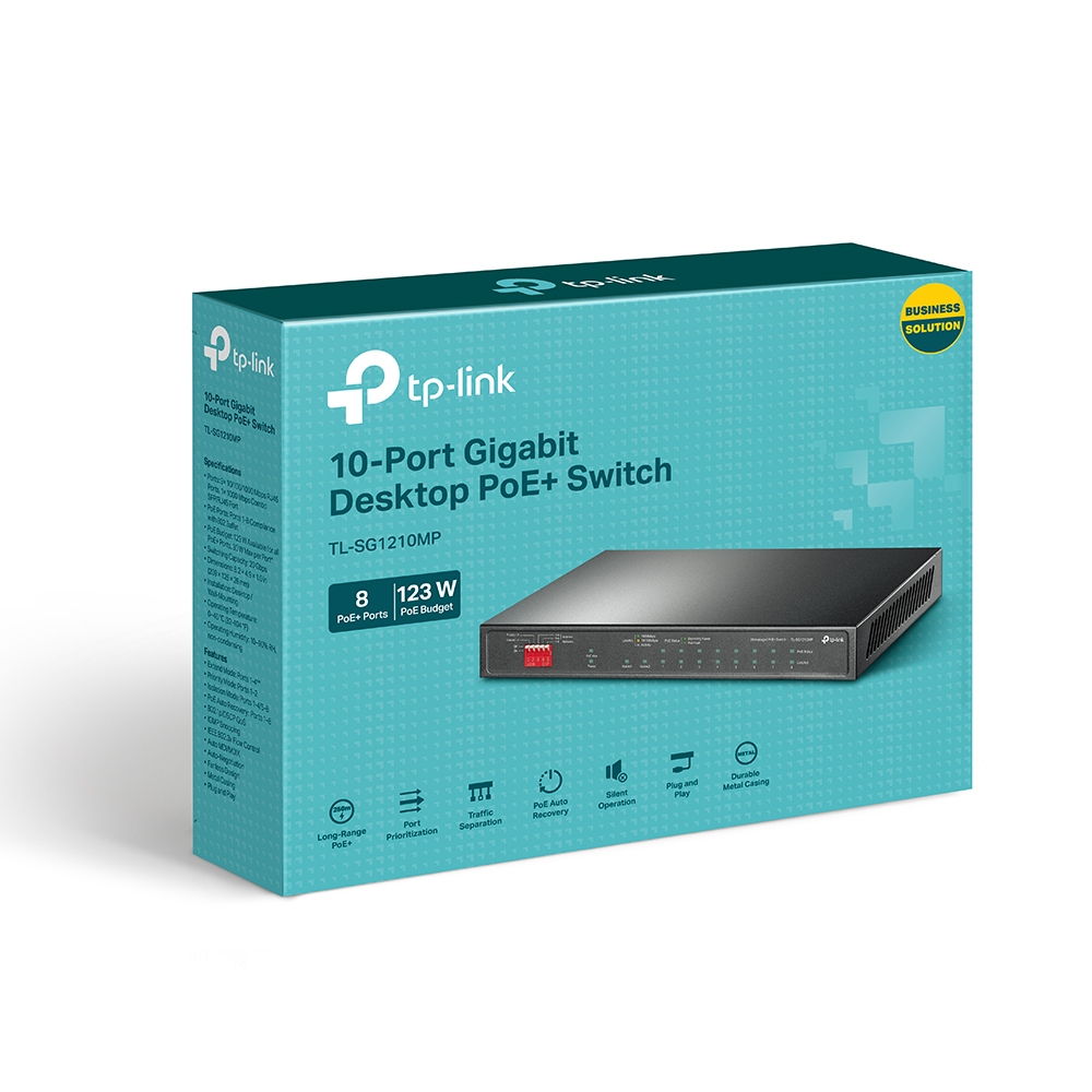 Pudełko dla przełącznika TP-Link 10-Port Gigabit Desktop PoE+, ze szczegółami produktu i grafiką.