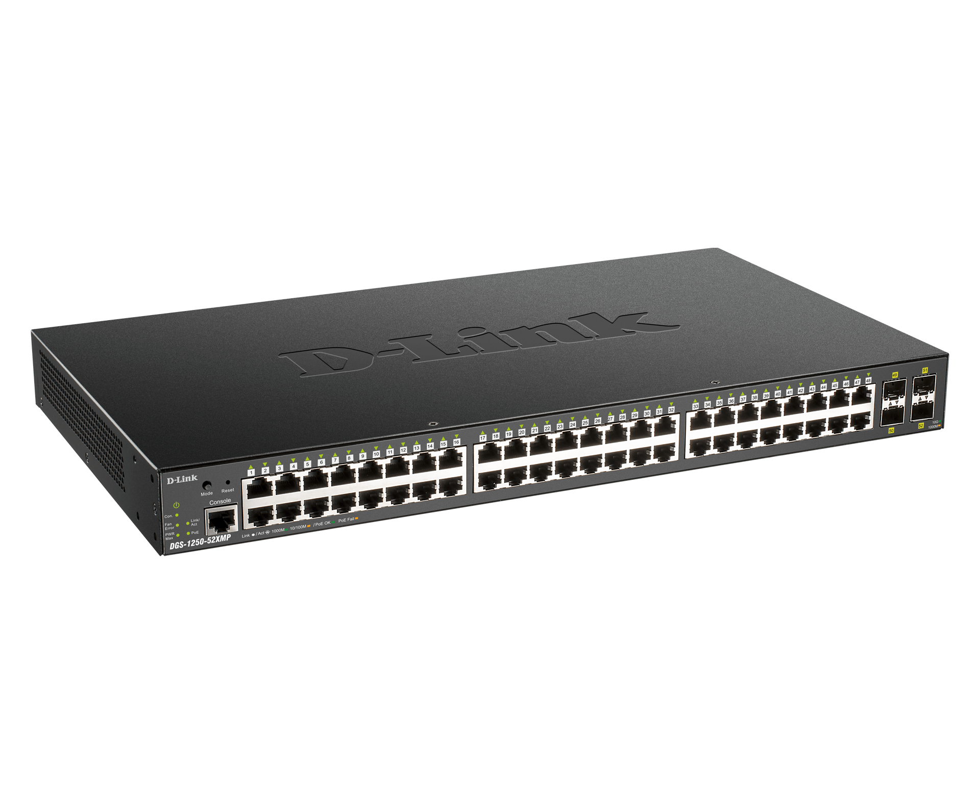Uno switch di rete D-Link nero con numerose porte, isolato su sfondo bianco.