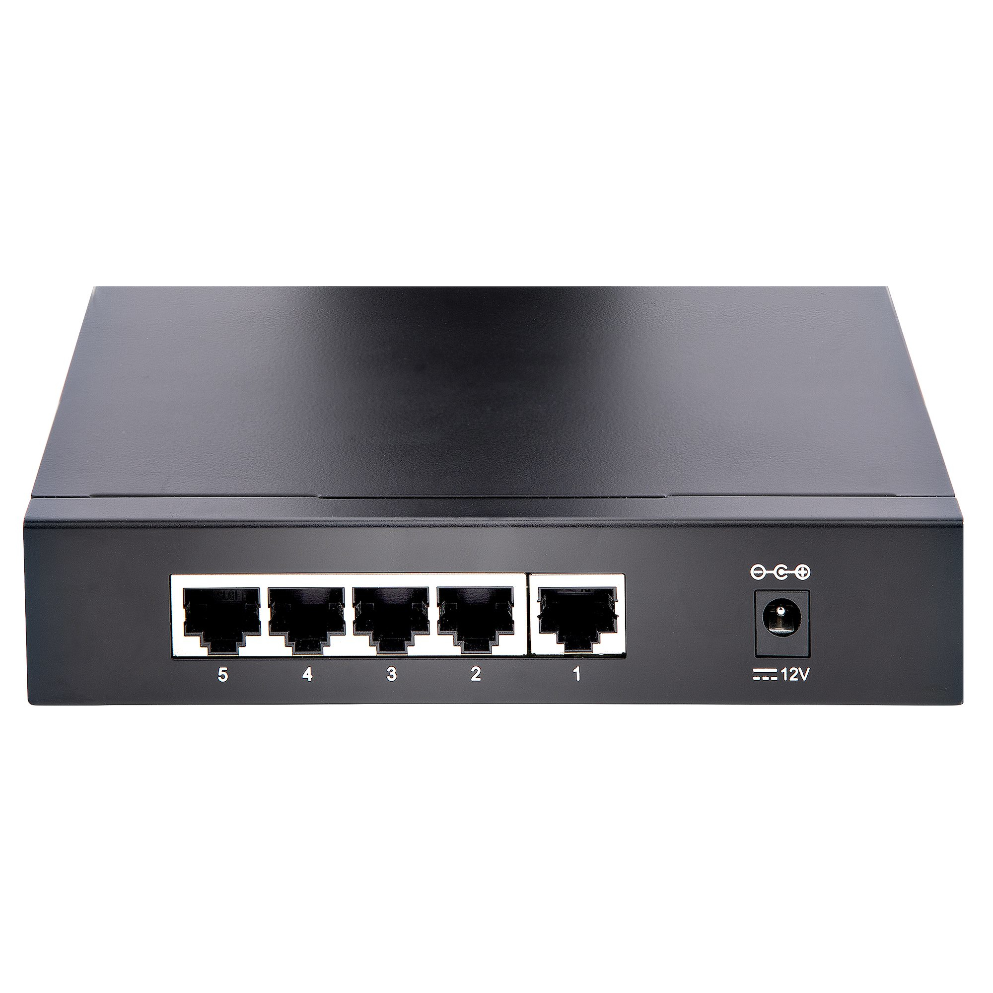 Commutateur réseau noir avec 5 ports, entrée d'alimentation et symbole 12V sur fond blanc.