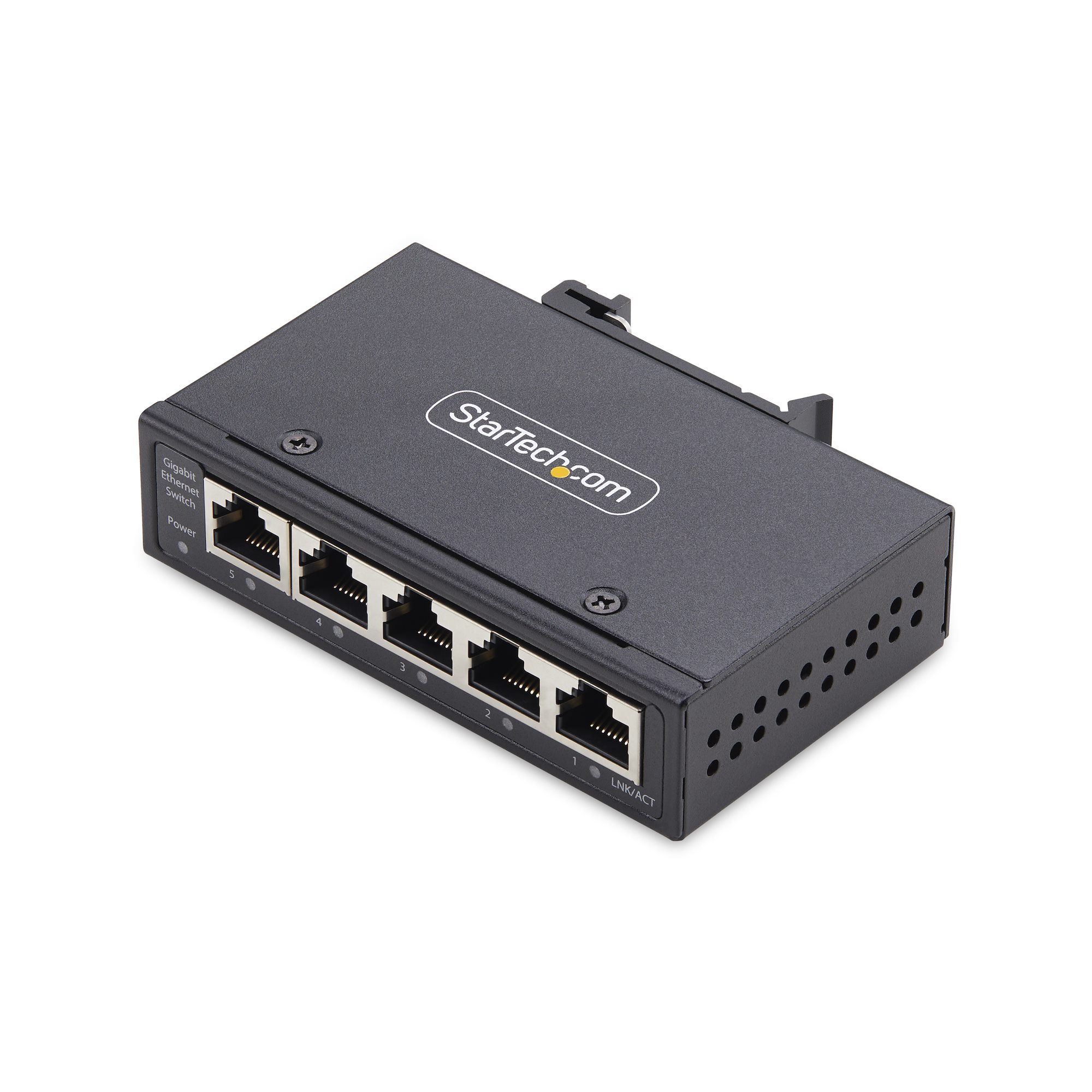 Schwarzer StarTech.com Gigabit-Ethernet-Switch, fünf Anschlüsse, Draufsicht, weißer Hintergrund.