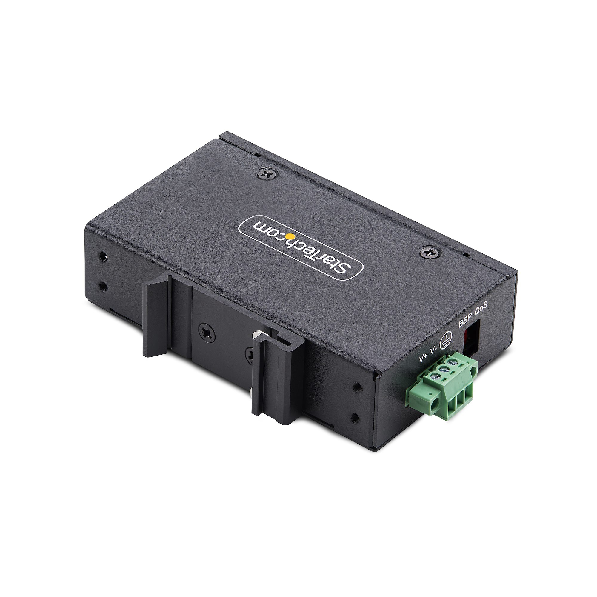 Schwarzes elektronisches Gerät mit 'Startech.com' und grünem Stecker.