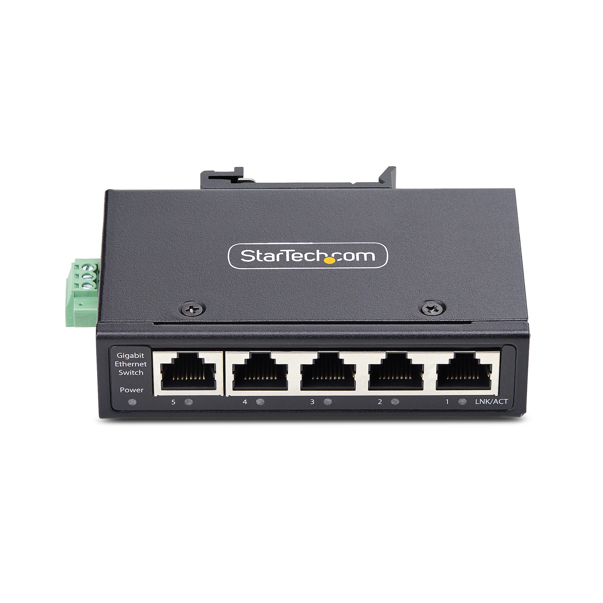Ein schwarzer StarTech.com Gigabit Ethernet Switch. Er hat fünf Ethernet-Ports und einen grünen Stromanschluss.