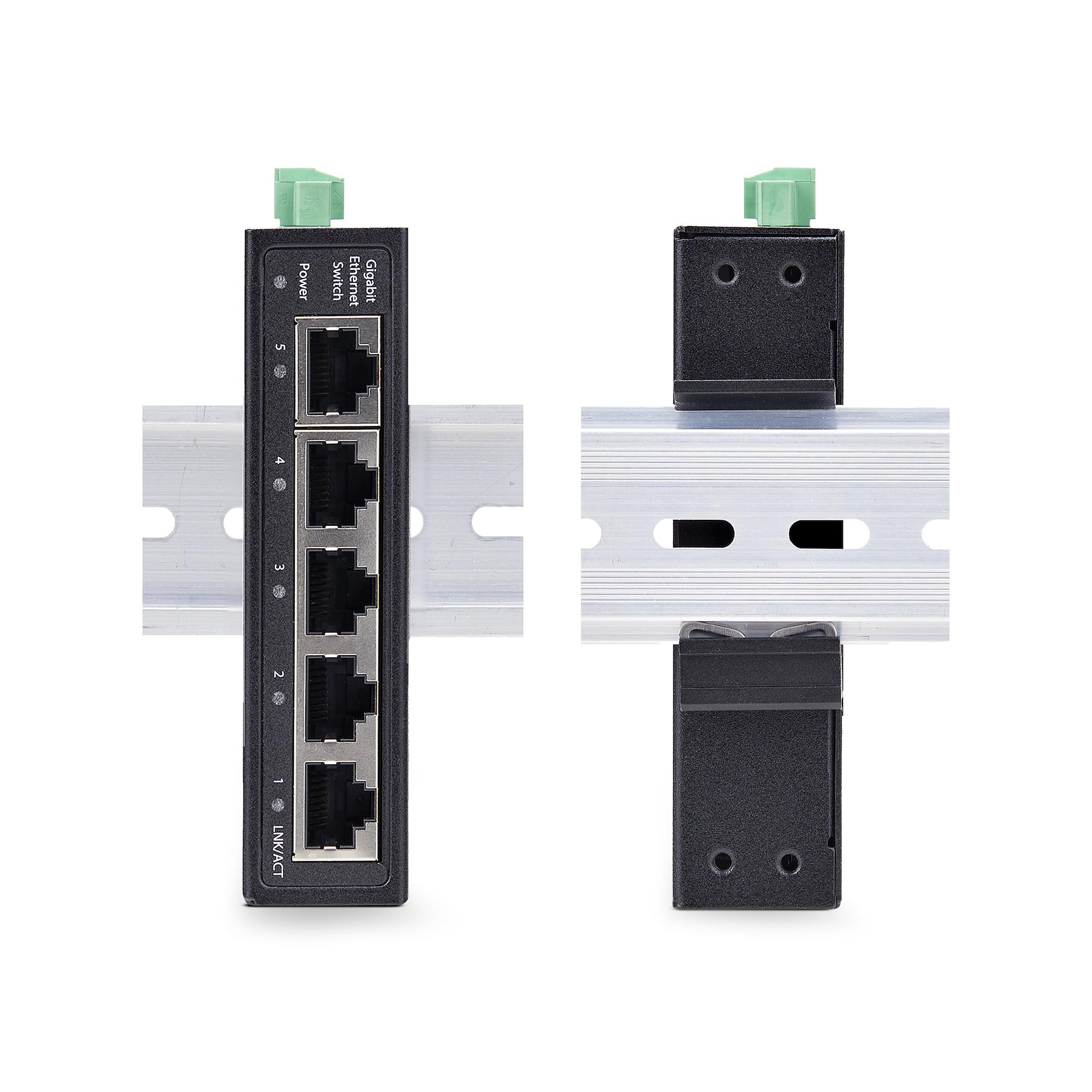 Schwarzer Gigabit-Ethernet-Switch mit 5 Ports, montiert auf einer Metallschiene, weißer Hintergrund.