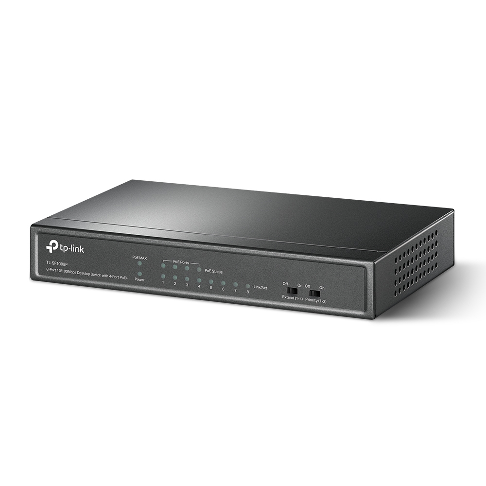 Schwarzer TP-Link-Netzwerk-Switch mit mehreren Ports und Kontrollleuchten. Die Marke ist TP-Link.