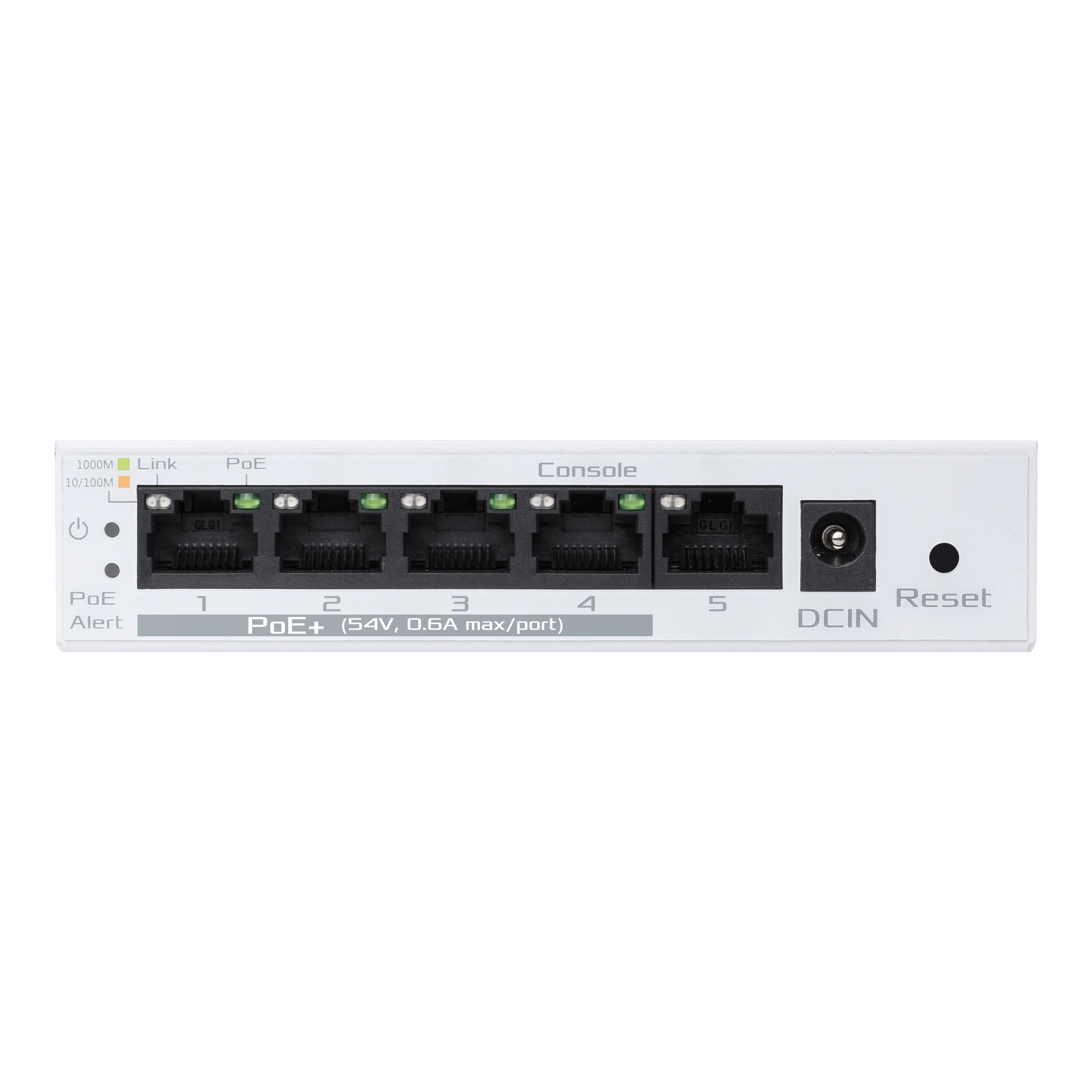 A white 5-port PoE switch. It has 5 ports, indicators, and a DC-IN port.