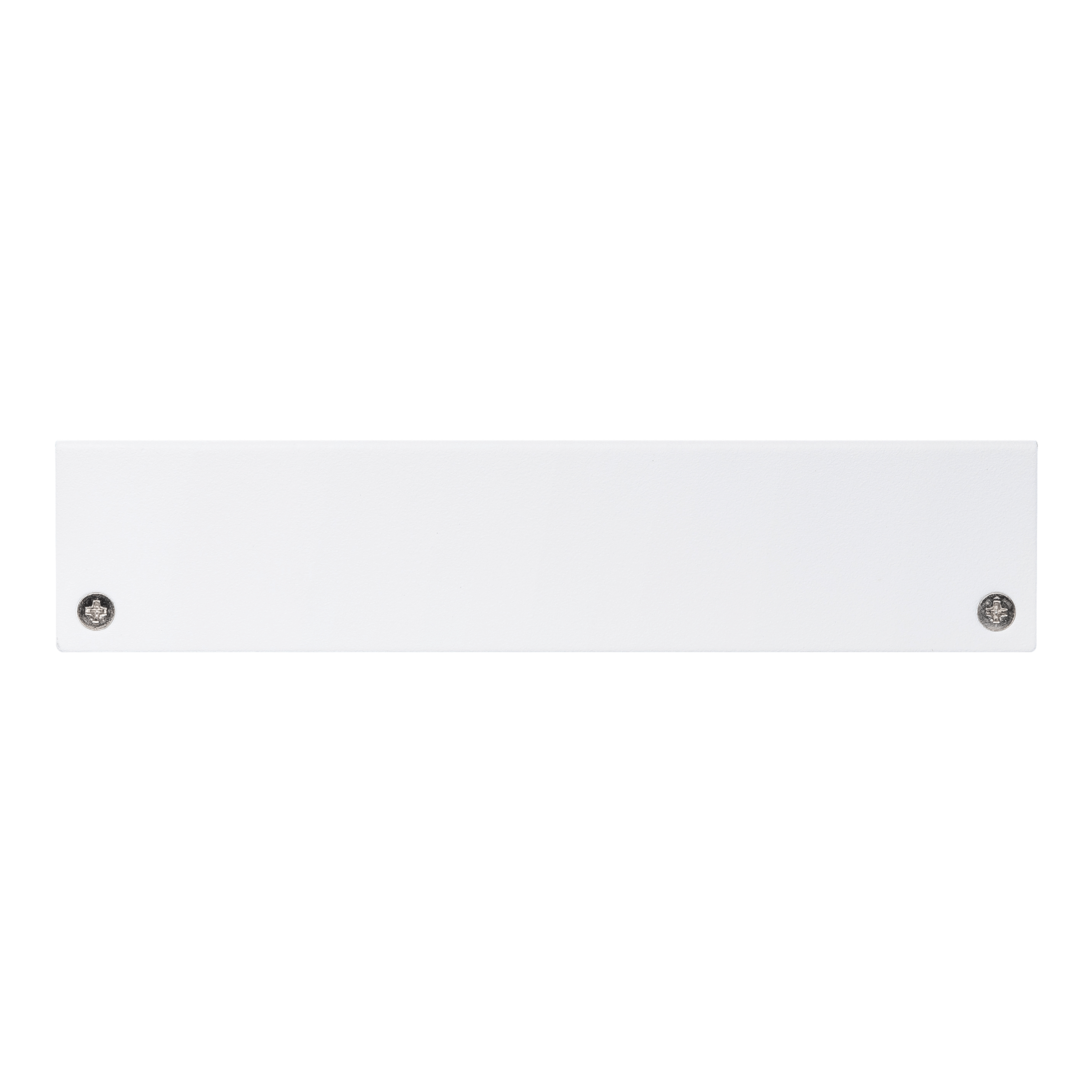 White rectangular panel with two screws on the ends. Metallic screw heads are visible.