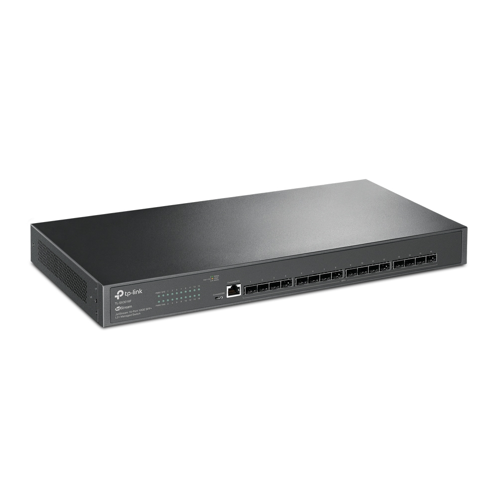 A black network switch. It is rectangular and has ports on the front panel. The device is on a white background.