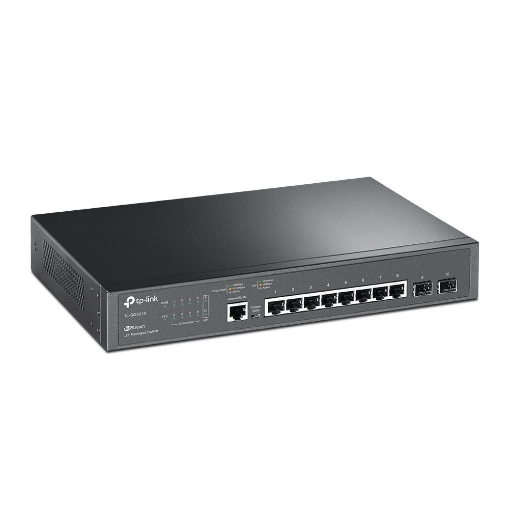 Zwarte TP-Link switch met meerdere poorten, onder een hoek bekeken.