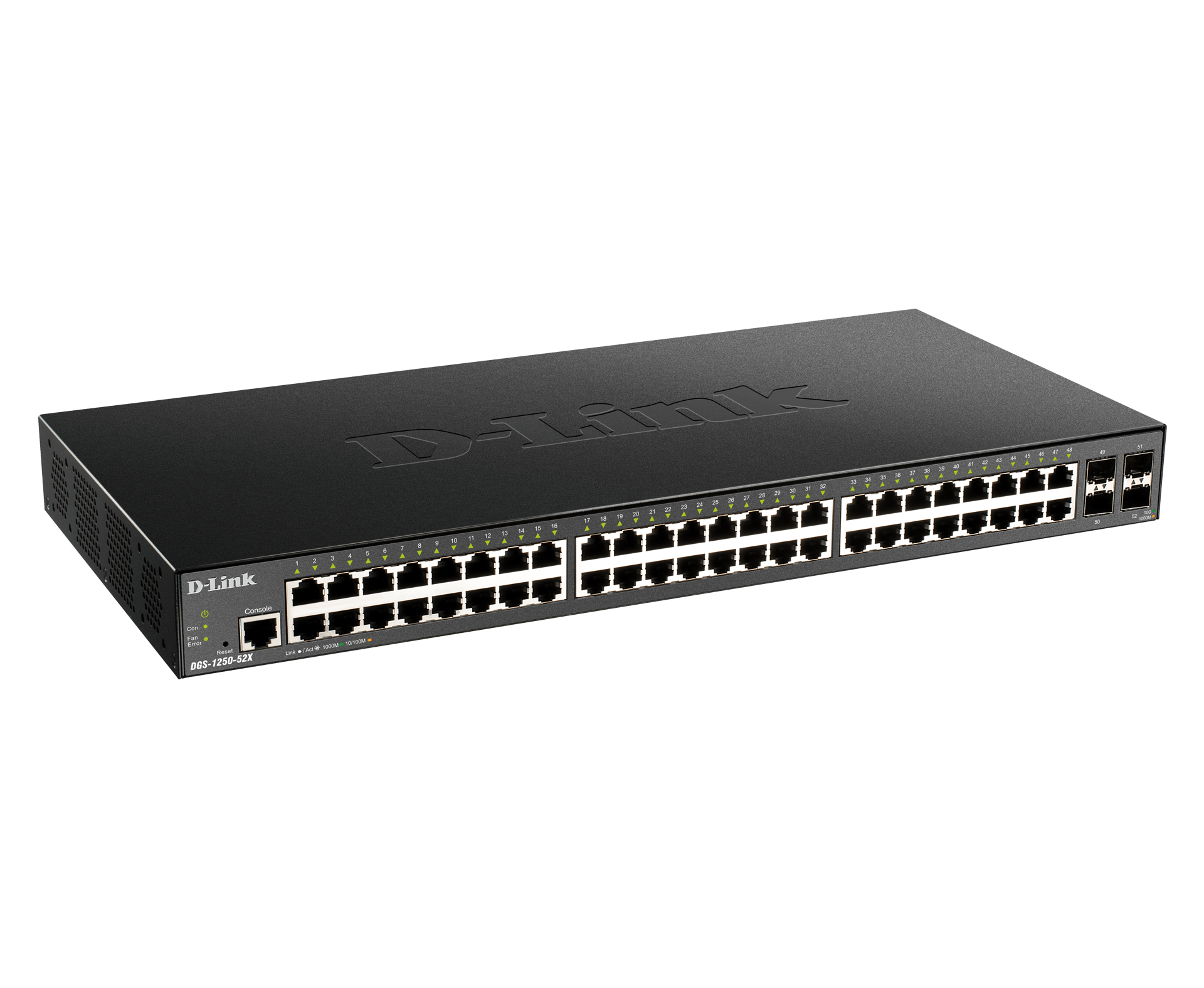 Switch di rete D-Link nero con più porte e il logo D-Link sulla parte superiore.