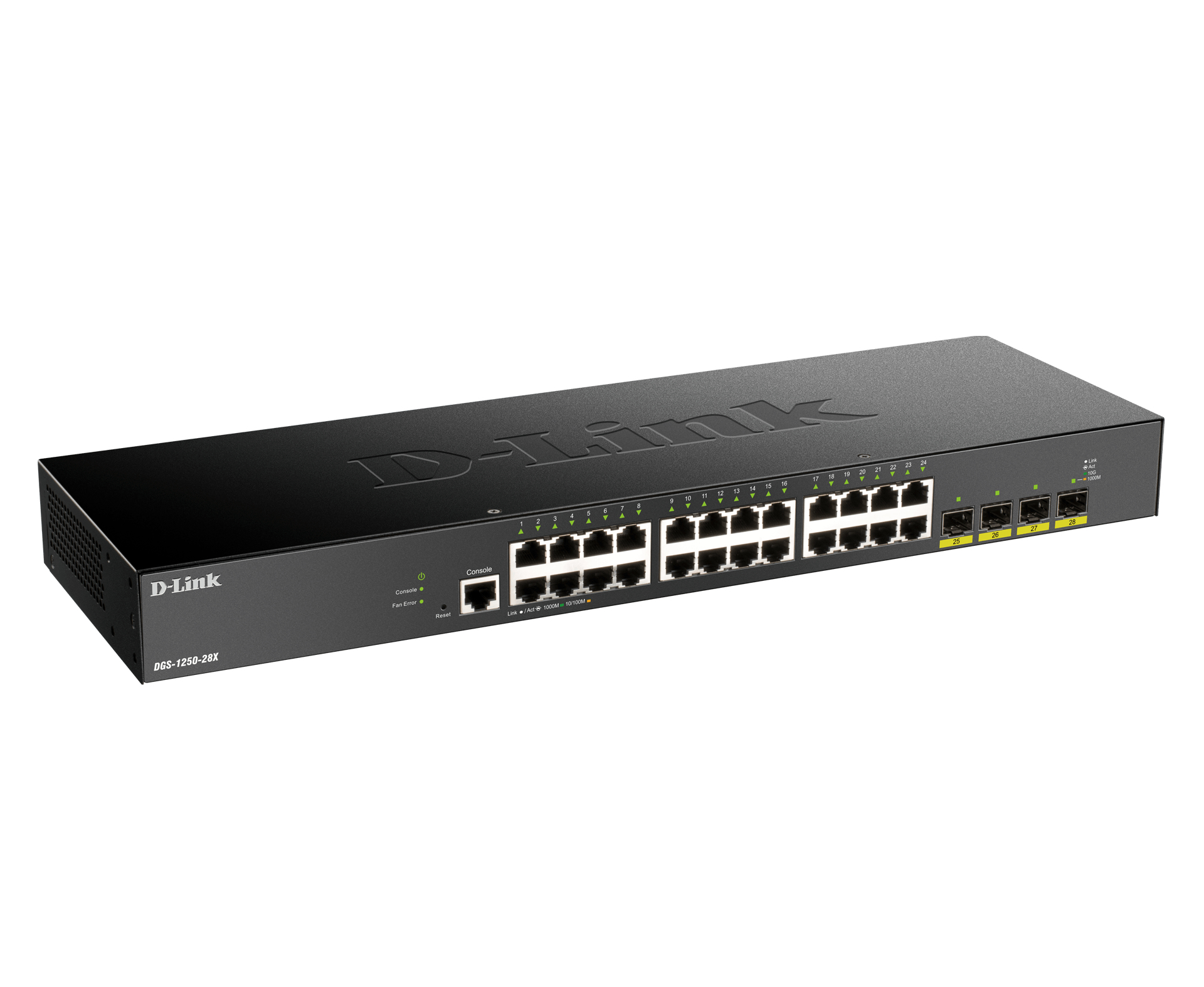 Switch D-Link nero con 24 porte, spie e testo sulla parte superiore.