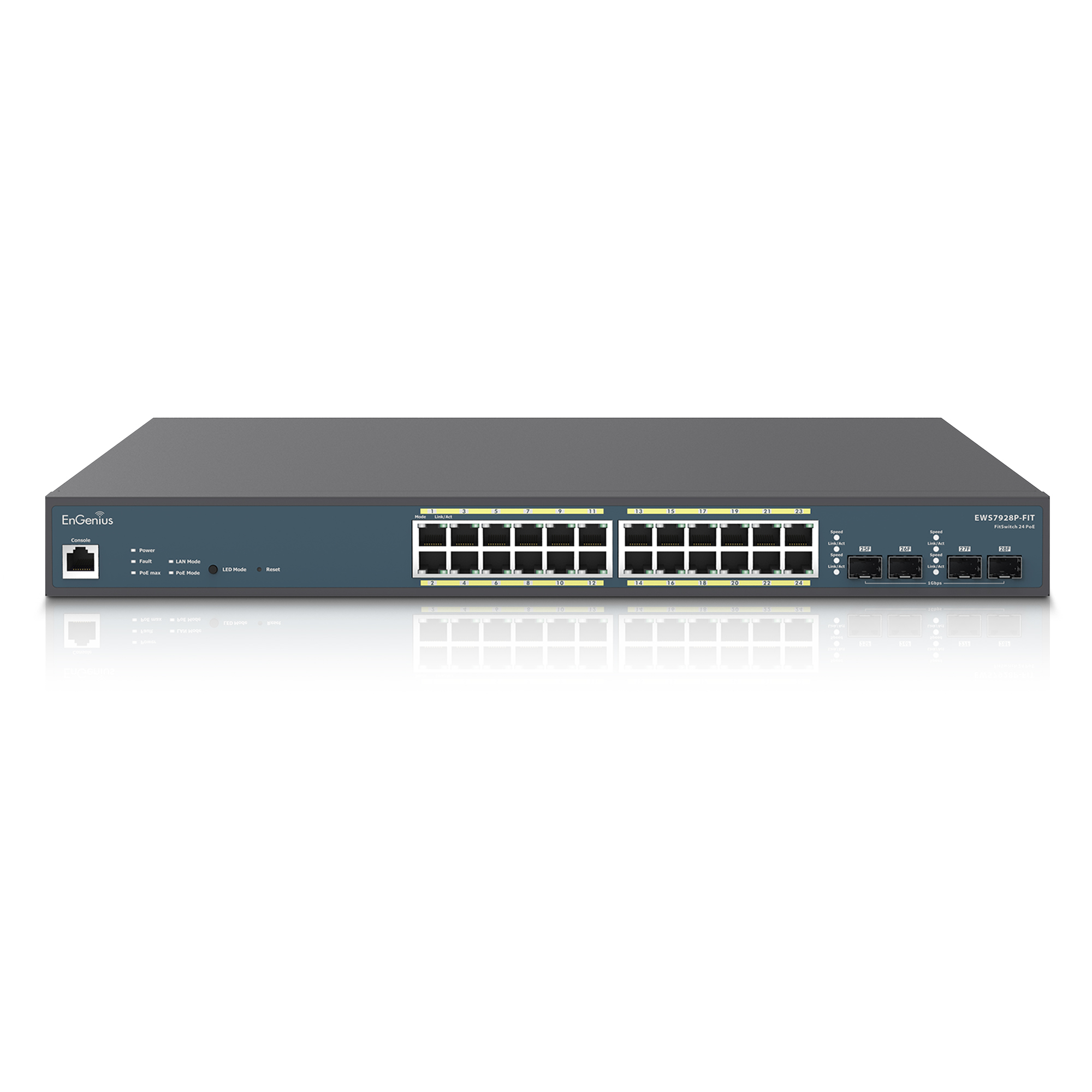 Switch di rete EnGenius blu e grigio con numerose porte e spie.