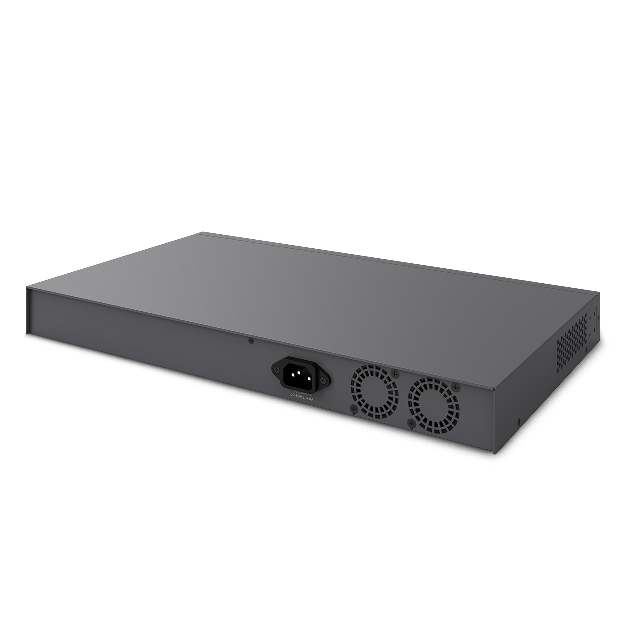 Uno switch di rete Netgear nero. Il retro è visibile. Ci sono delle ventole.