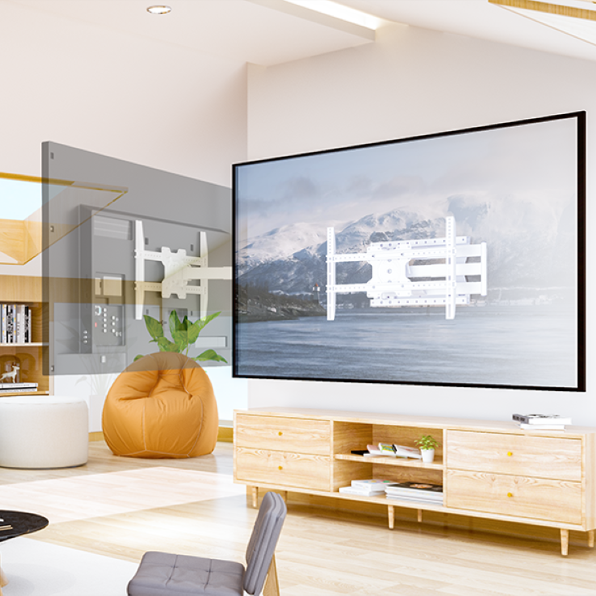 Een tv aan de muur met een tv-meubel eronder. Een zitzak ervoor.
