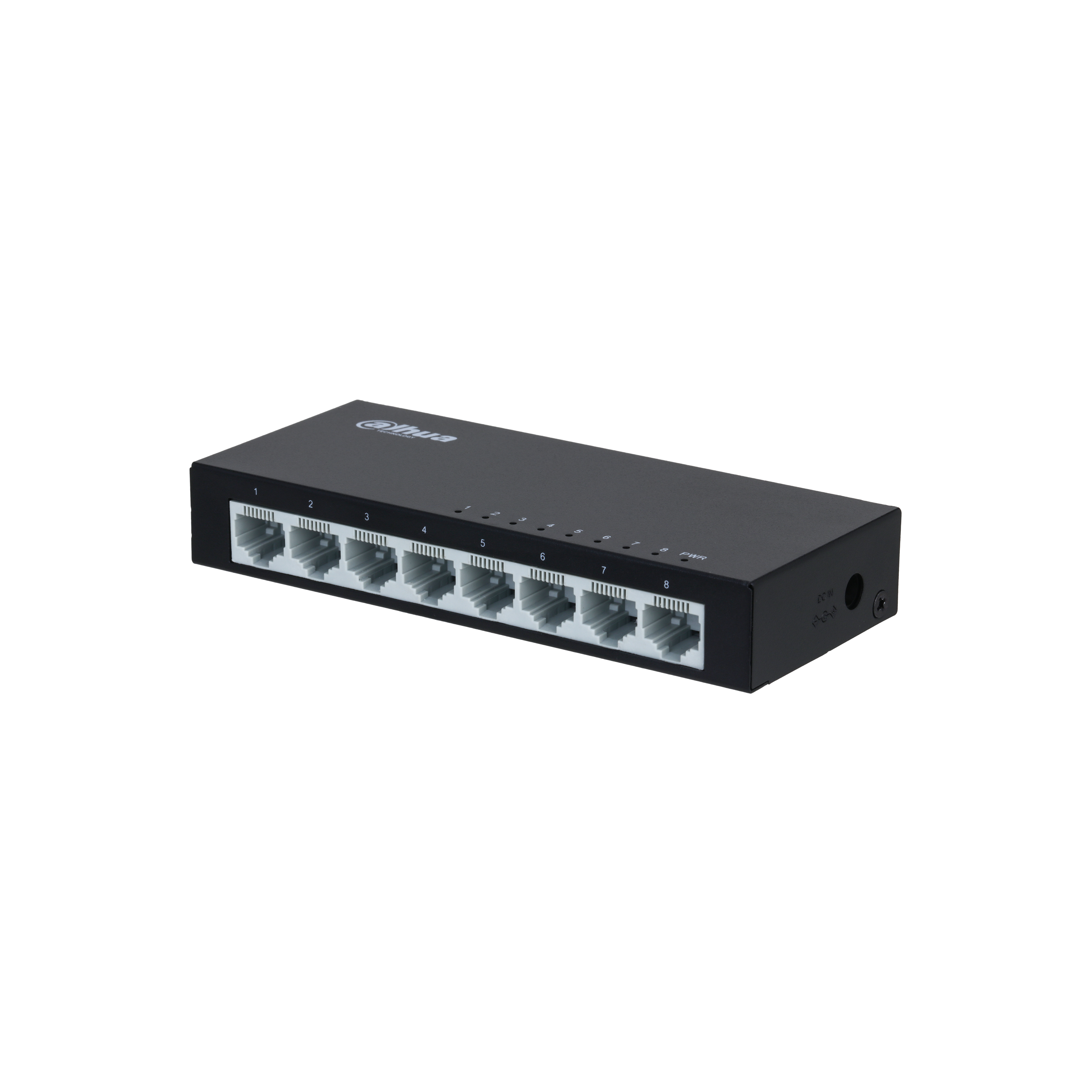 Switch ethernet Dahua nero, otto porte, vista dall'alto, sfondo bianco, porte numerate 1-8.