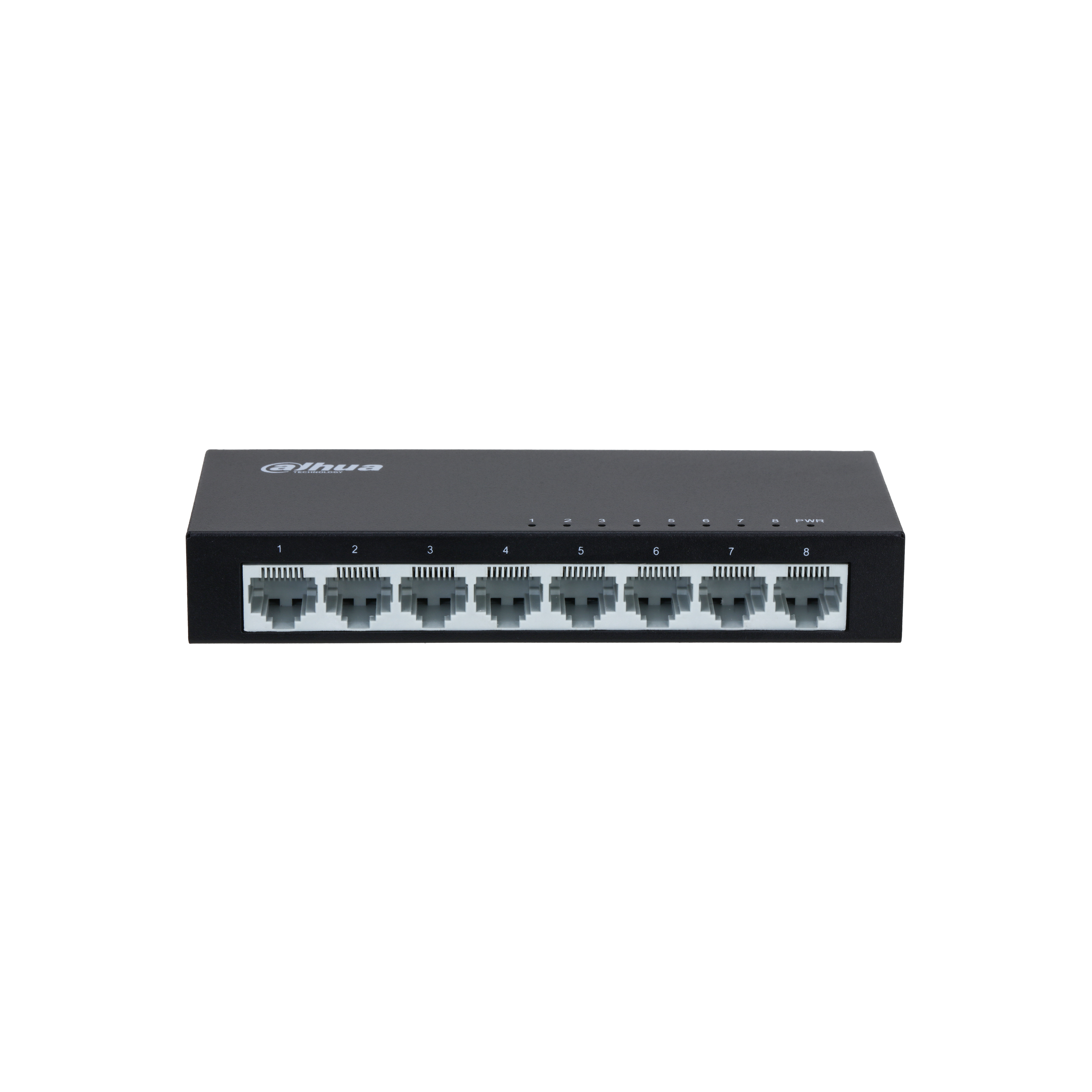 Uno switch di rete nero con 8 porte. Ha porte grigie e uno sfondo bianco.