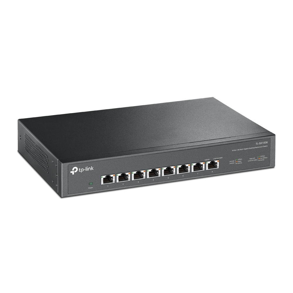 Switch Gigabit 8 ports TP-Link noir. Possède des ports et des indicateurs. Fond blanc.