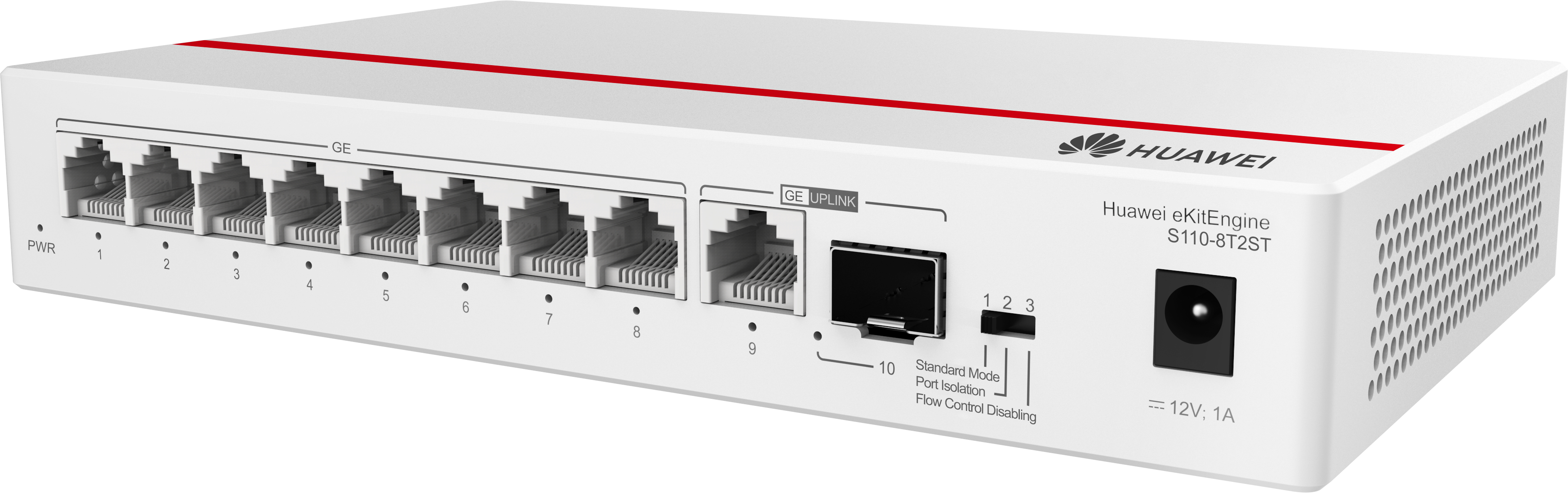 Weißer Huawei eKitEngine Switch mit rotem Streifen, Anschlüssen und dem Huawei-Logo.