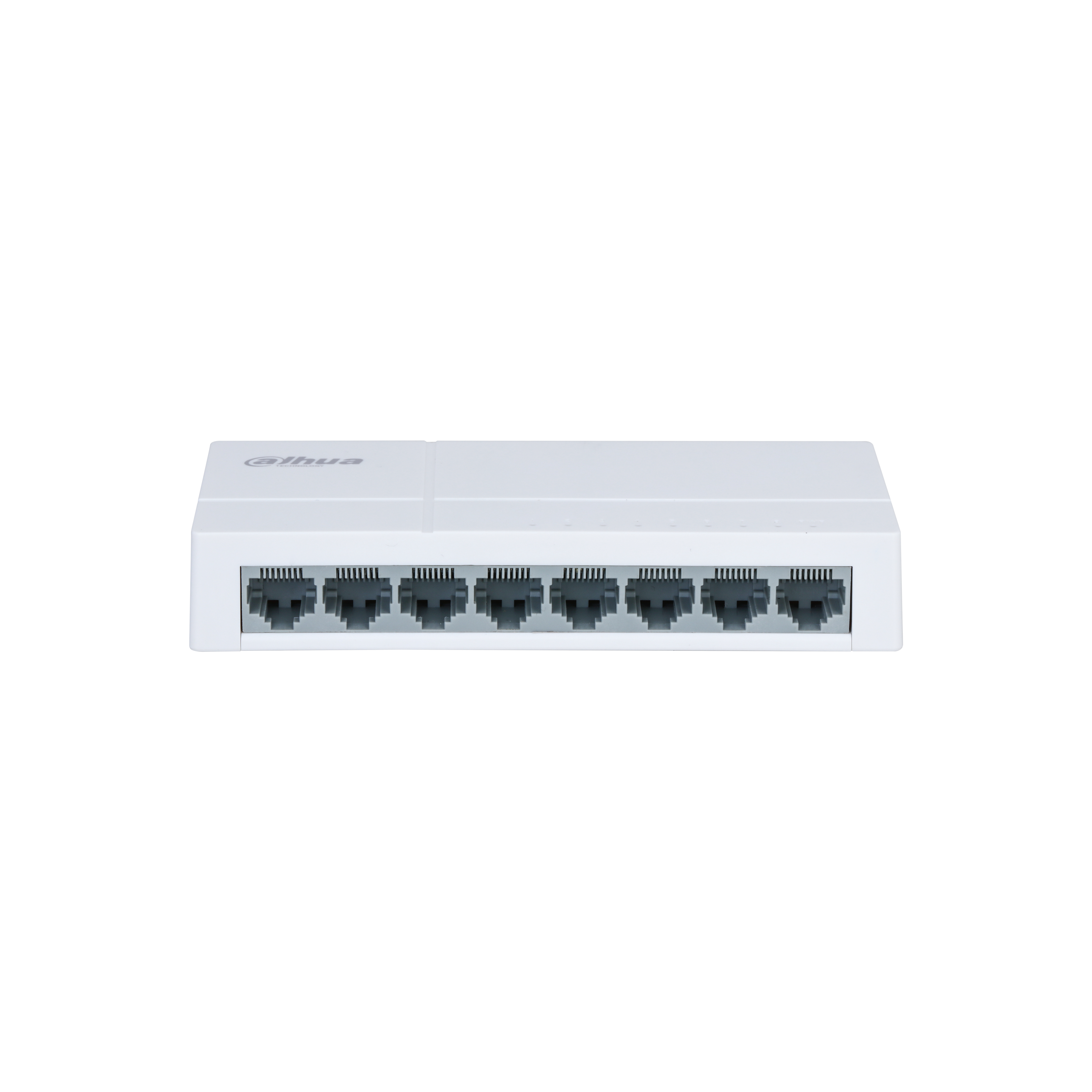 Switch di rete bianco con più porte Ethernet. È su uno sfondo bianco.