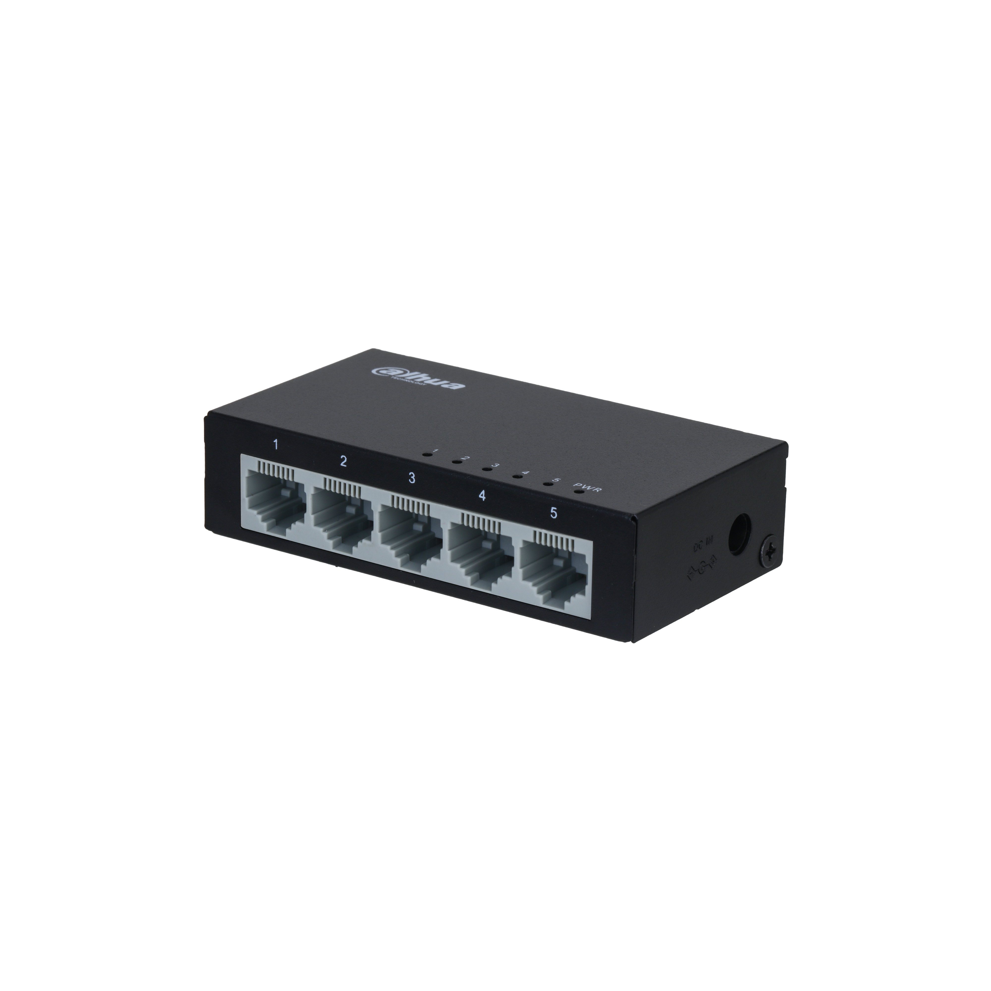 Switch di rete nero con cinque porte e un logo 'DHUA'. Si trova su uno sfondo bianco.