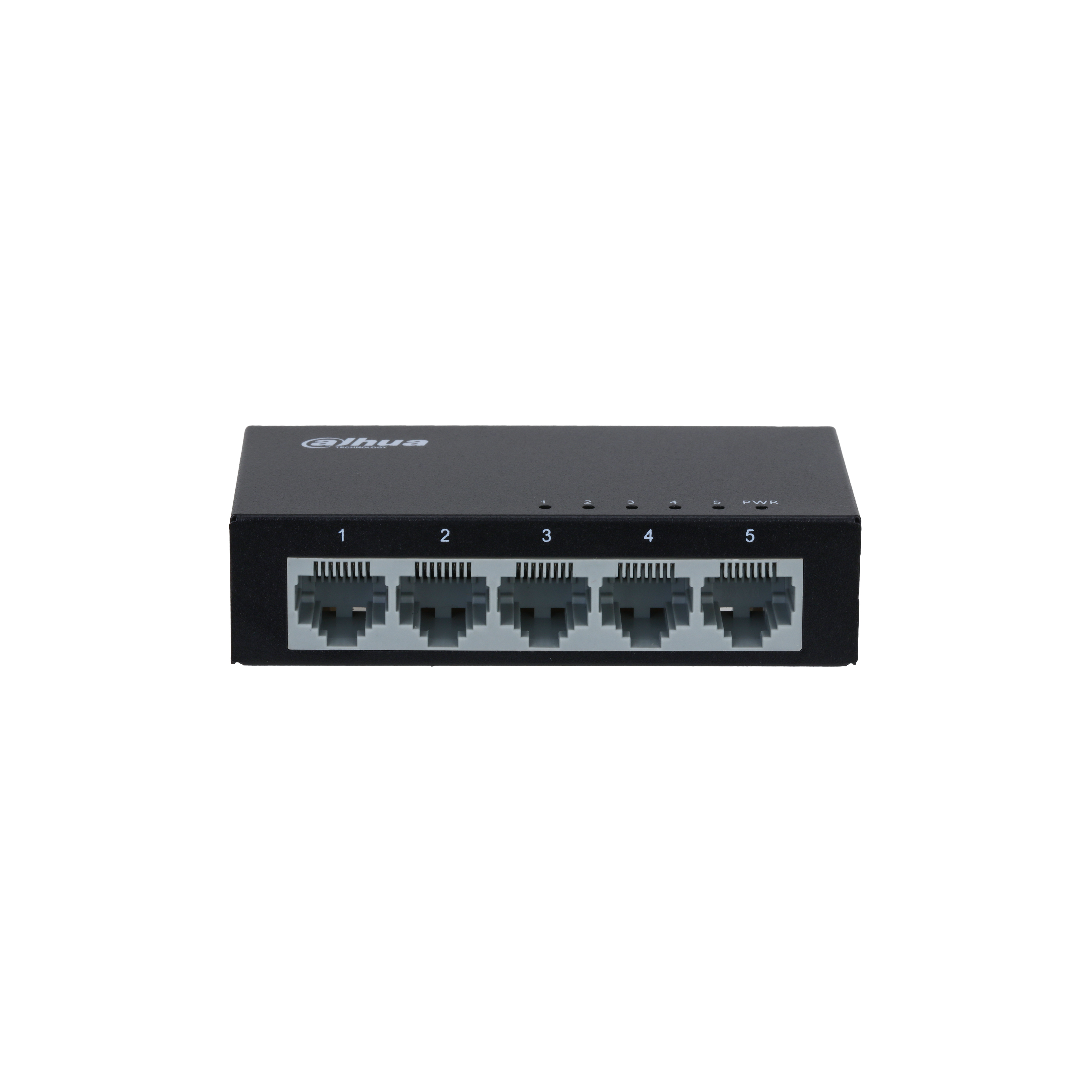 Switch di rete Dahua nero con cinque porte RJ45. La parte anteriore mostra i numeri delle porte.