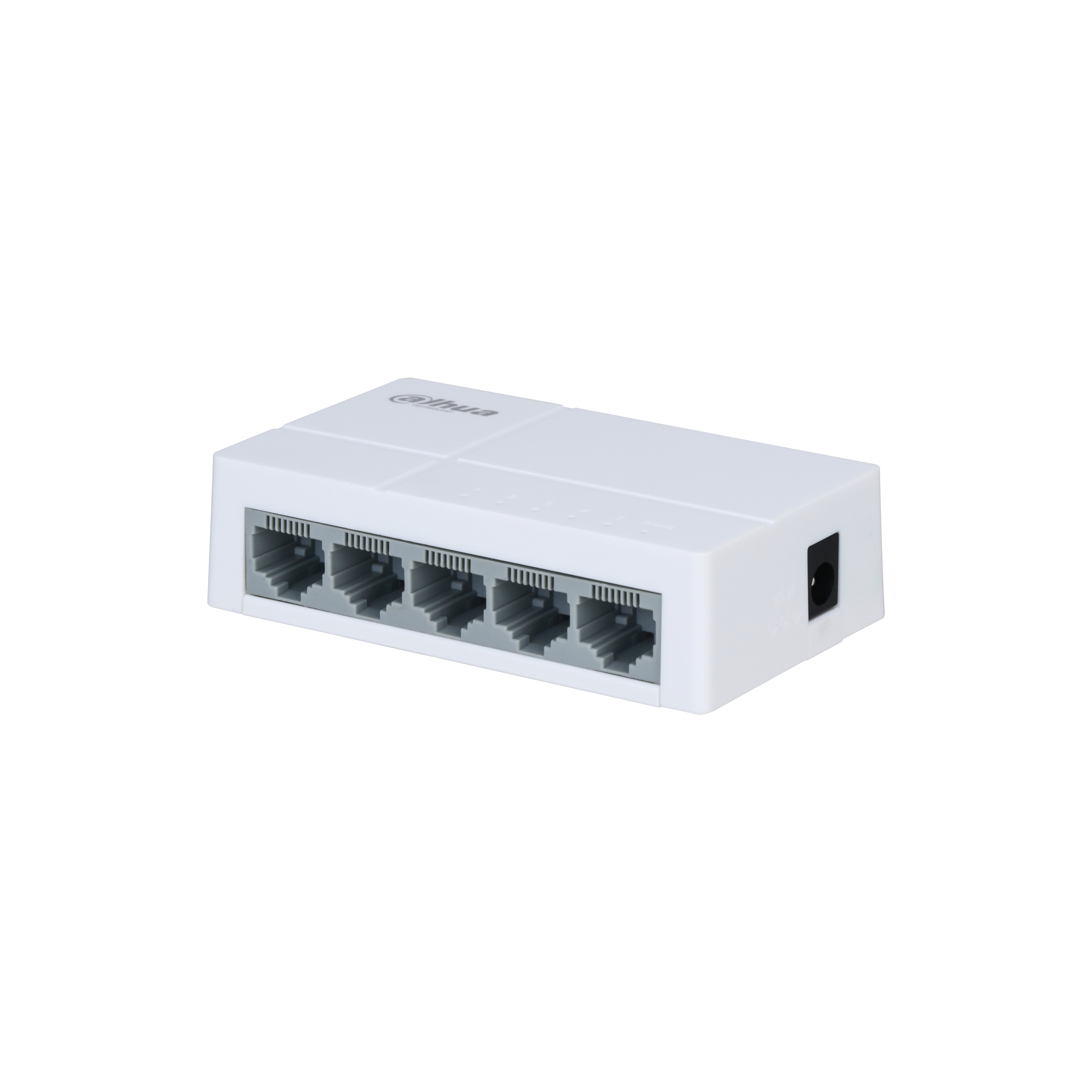 Switch di rete bianco con cinque porte. Il logo è in alto. Isolato su sfondo bianco.