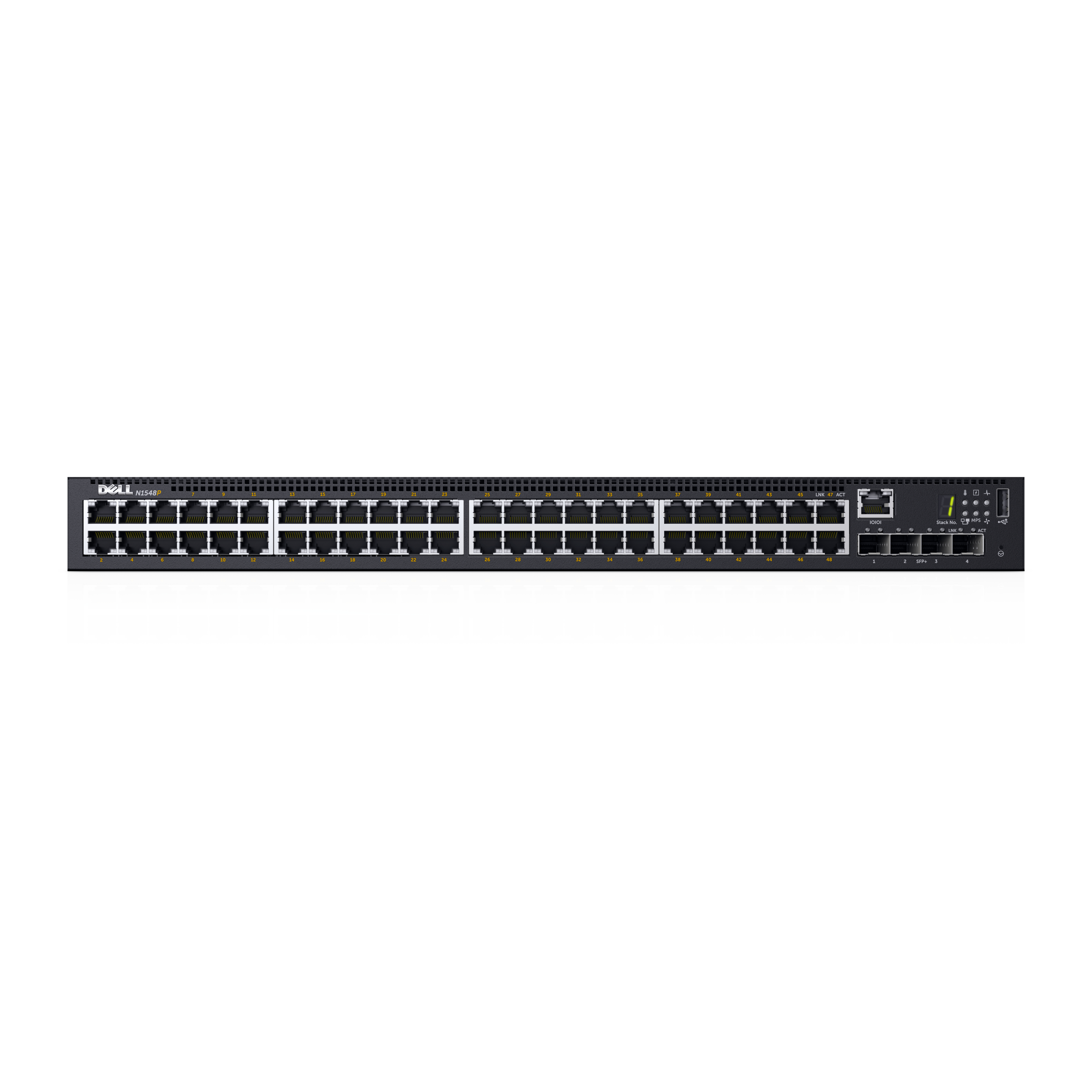 Switch di rete Dell, vista frontale, con più porte.