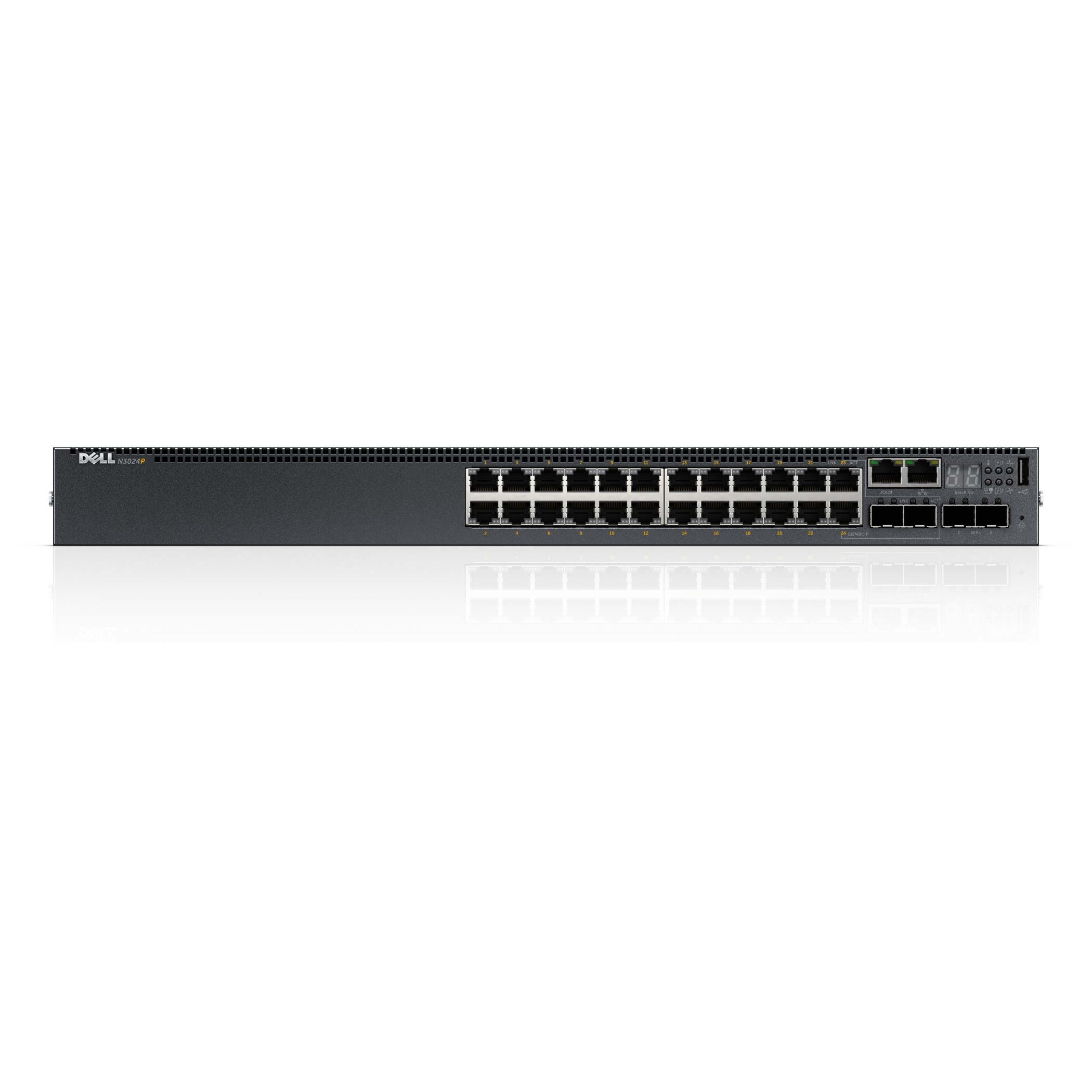Ein schwarzer Dell-Switch mit vielen Anschlüssen auf weißem Hintergrund.