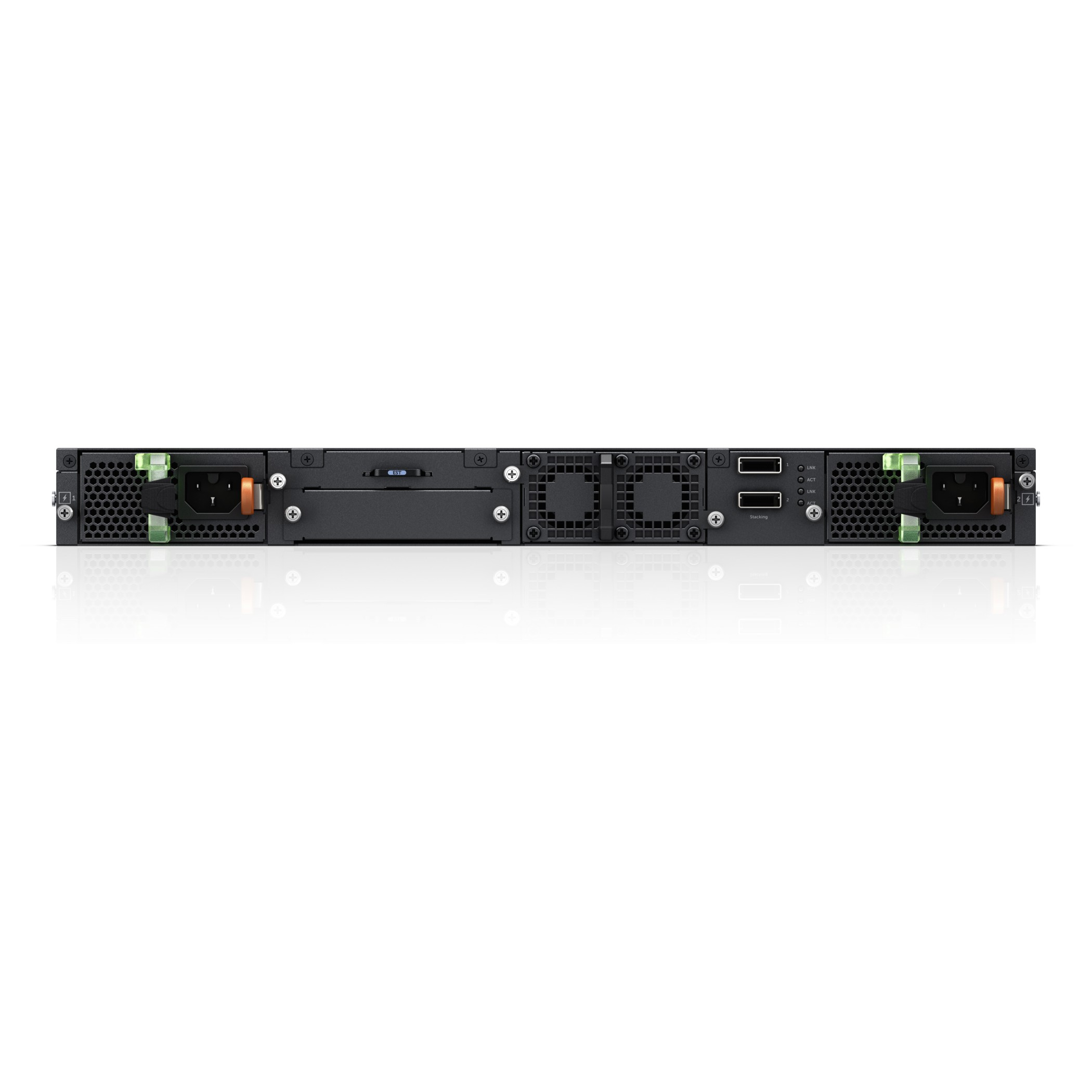 Die Rückseite eines schwarzen Dell-Netzwerk-Switches. Es hat Stromeingänge, Lüfter und USB-Anschlüsse.