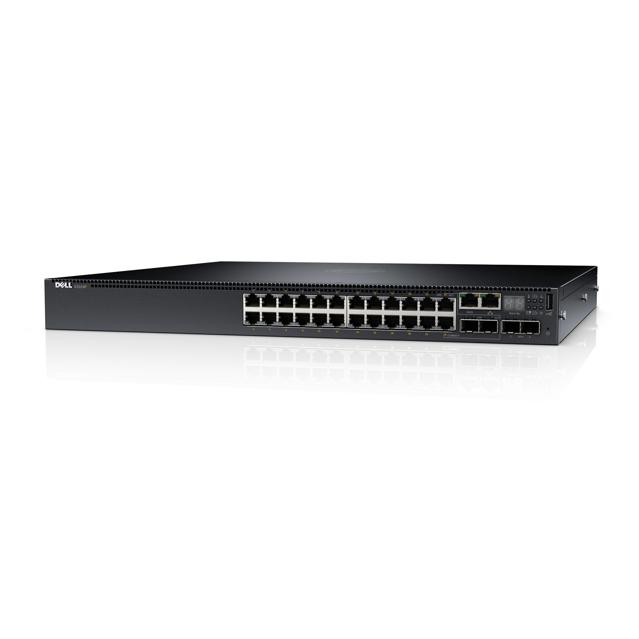 Ein schwarzer Dell-Netzwerkswitch. Viele Anschlüsse auf der Vorderseite. Auf weißem Grund.