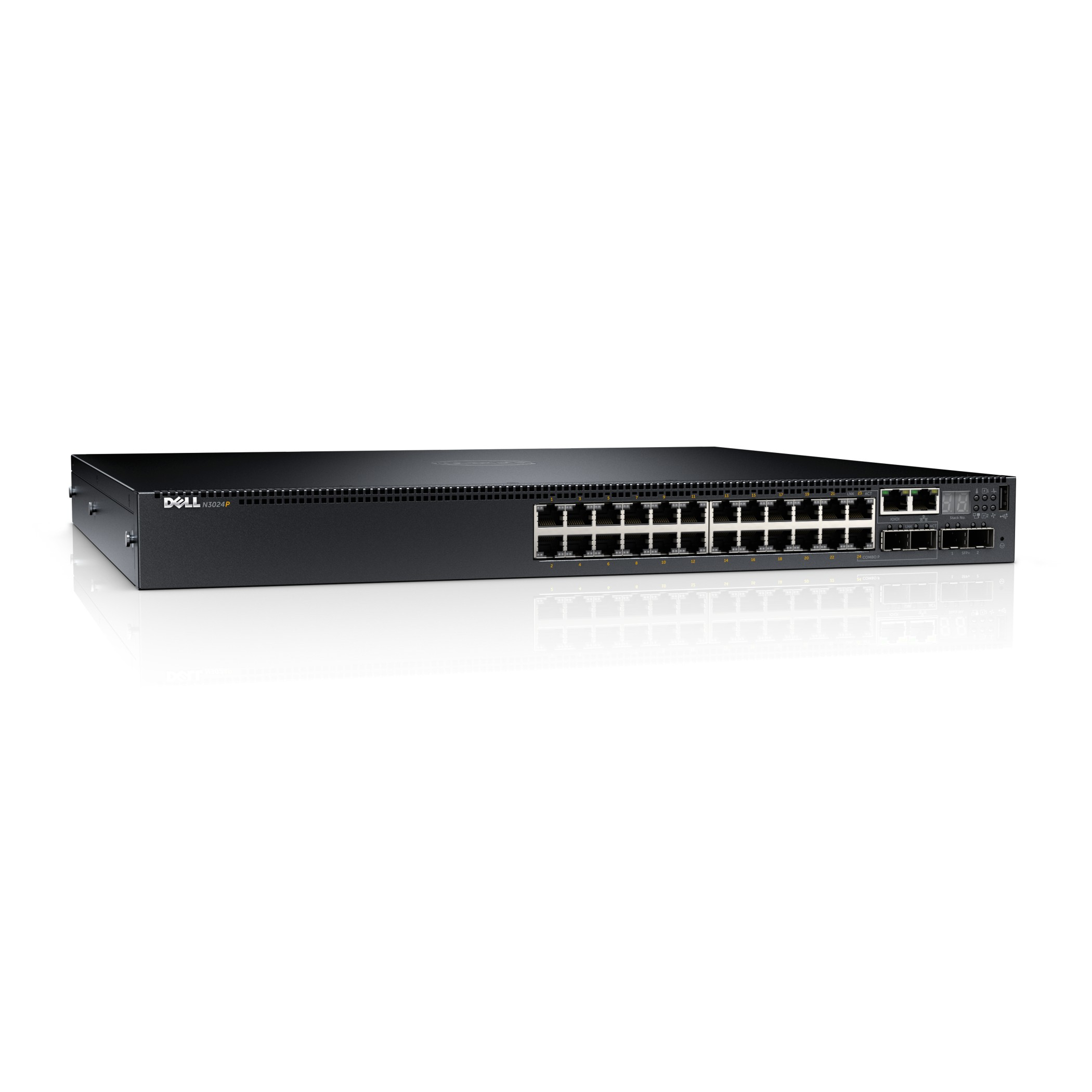 Ein schwarzer Dell-Netzwerkswitch, der die Vorderseite mit vielen Anschlüssen zeigt. Dell-Logo ist sichtbar.
