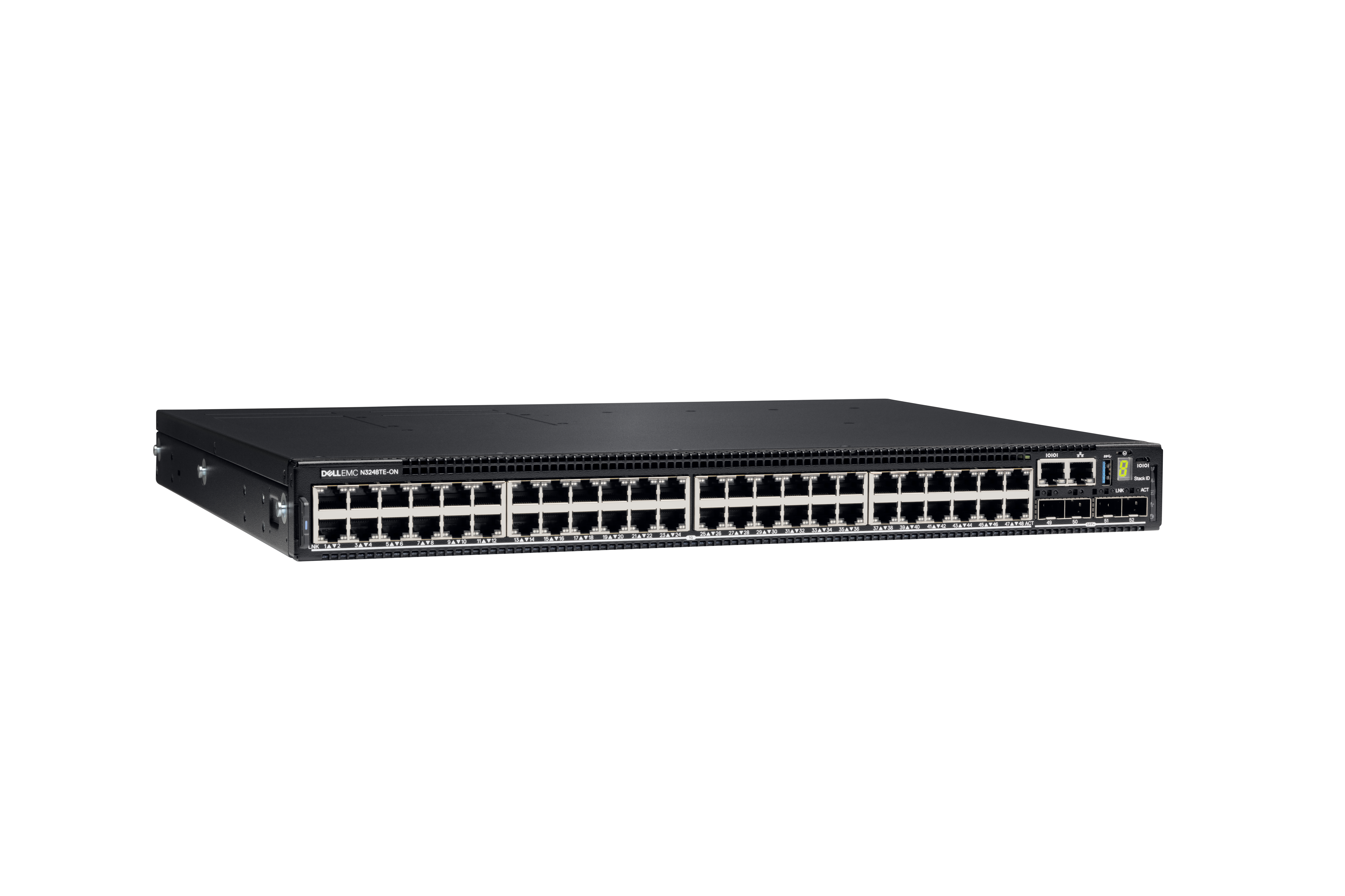 Uno switch di rete Dell nero con molte porte. Sfondo bianco.