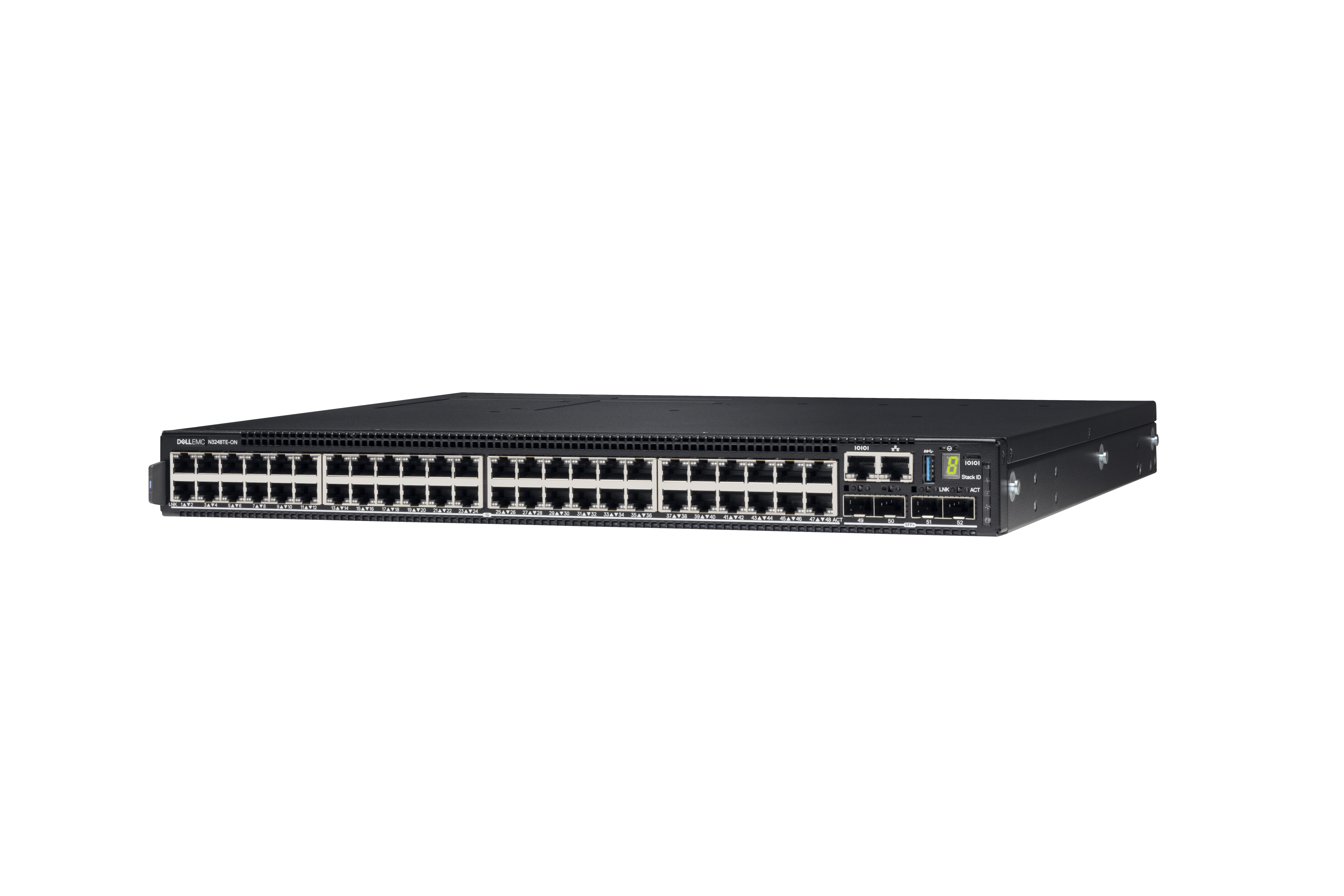 Switch Dell nero con più porte, vista frontale, sfondo bianco.