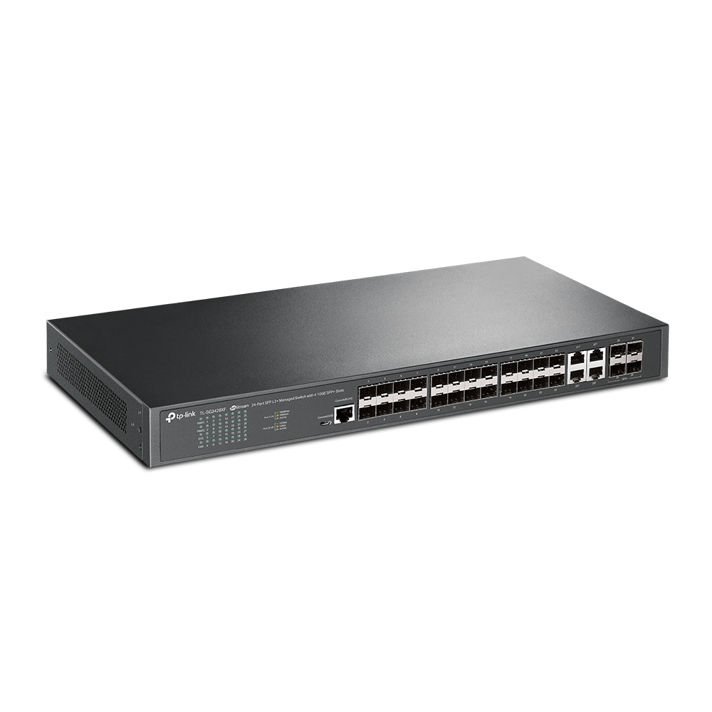 Schwarzer TP-Link-Switch mit 24 Anschlüssen, Vorderansicht, weißer Hintergrund.