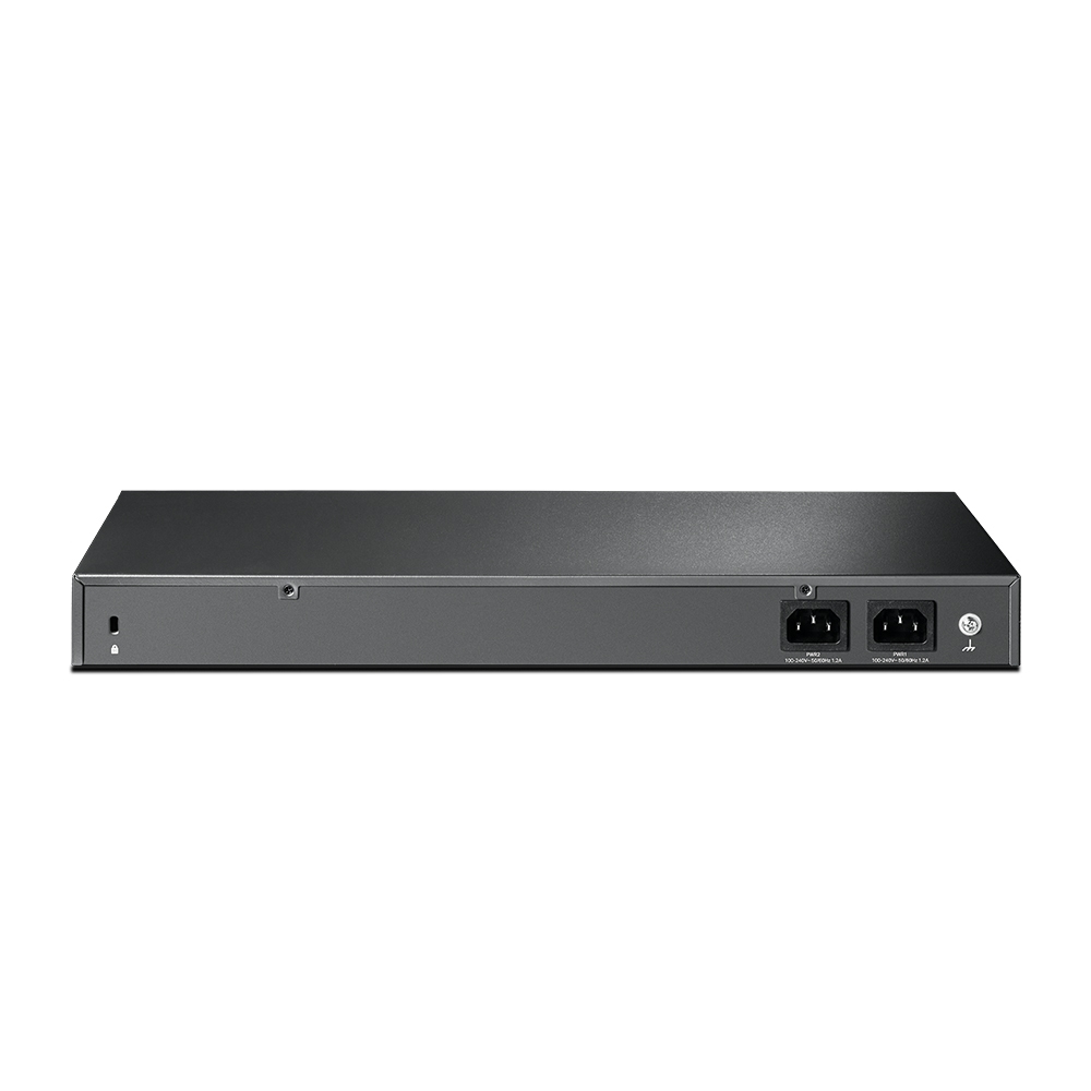 Rückansicht eines schwarzen TP-Link-Switches, auf weißem Hintergrund.