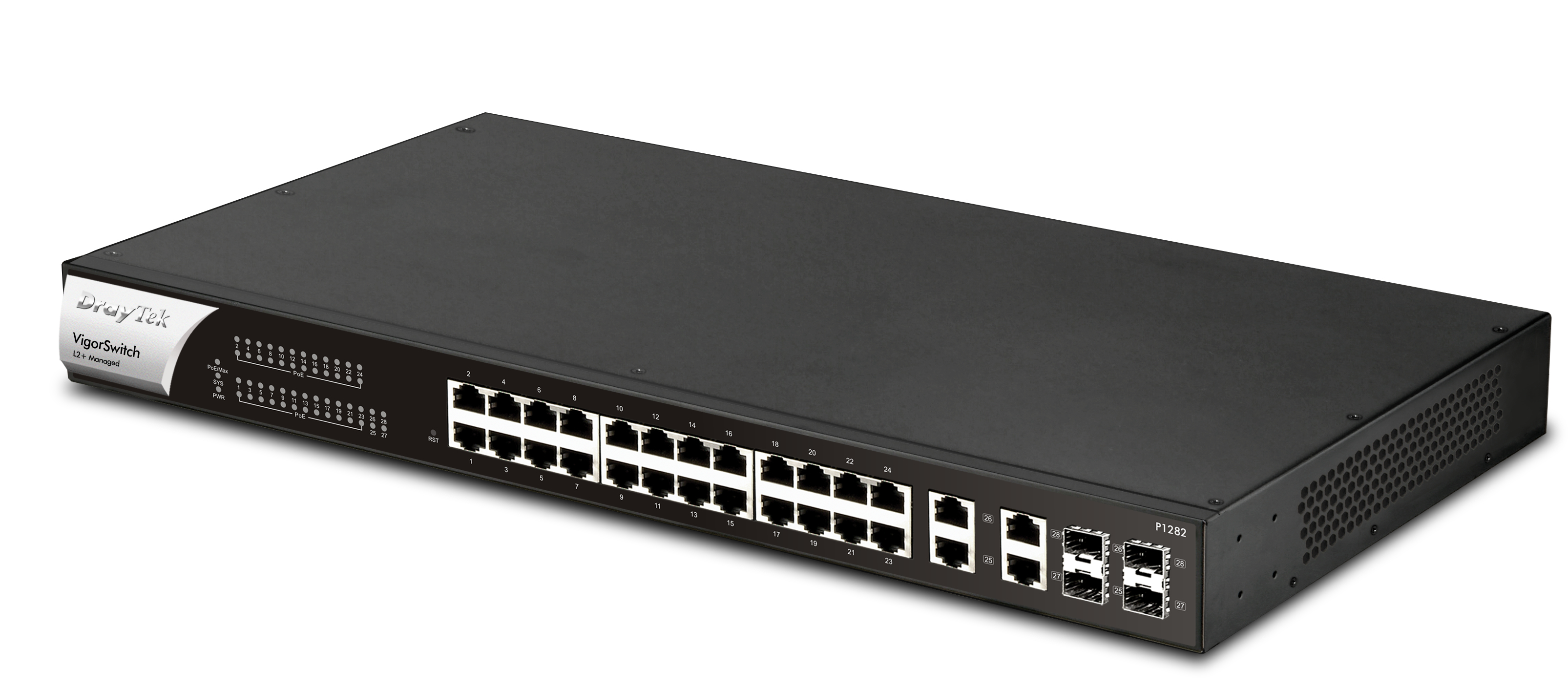 DrayTek VigorSwitch negro con numerosos puertos y fondo blanco.