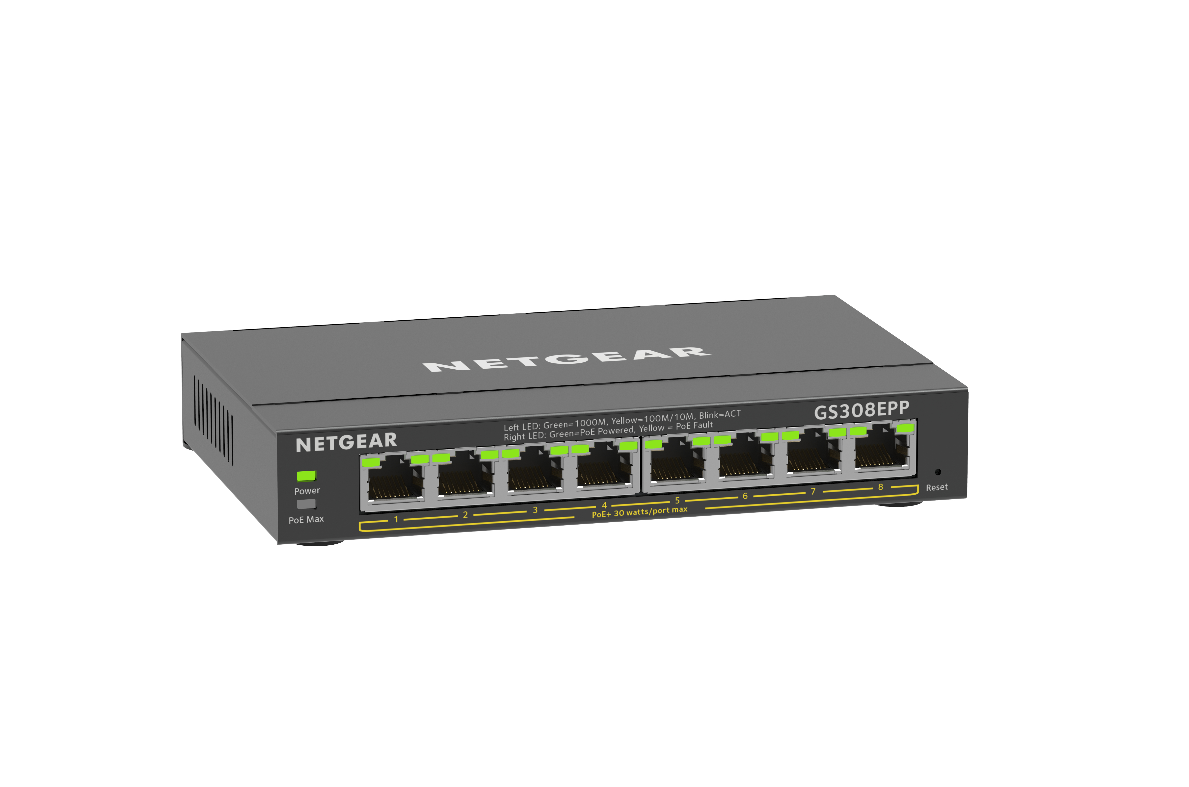 Switch NETGEAR nero con porte, indicatori e testo su sfondo bianco.