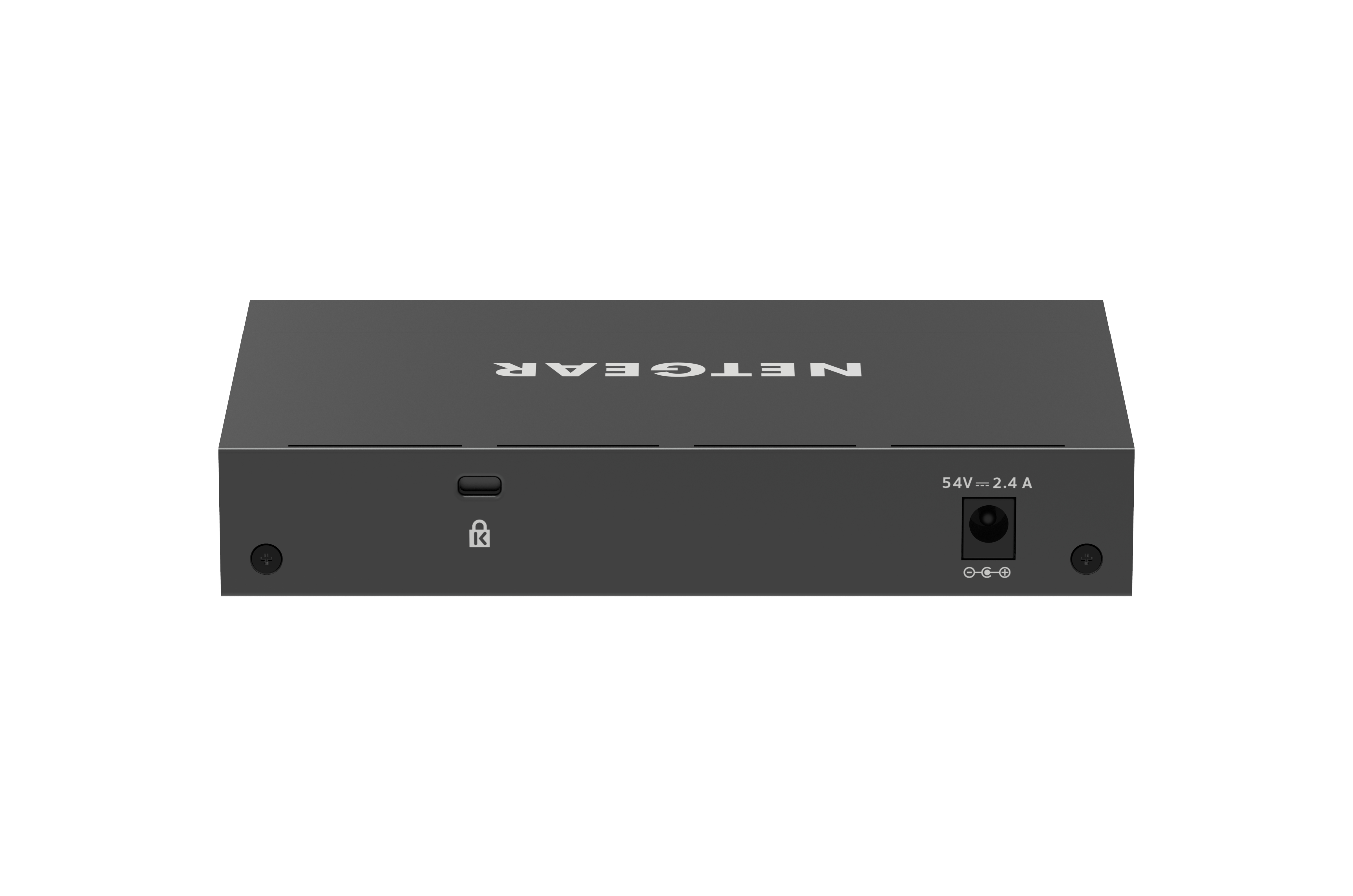 Switch di rete Netgear nero con porta di alimentazione e simbolo di blocco. Sfondo bianco.