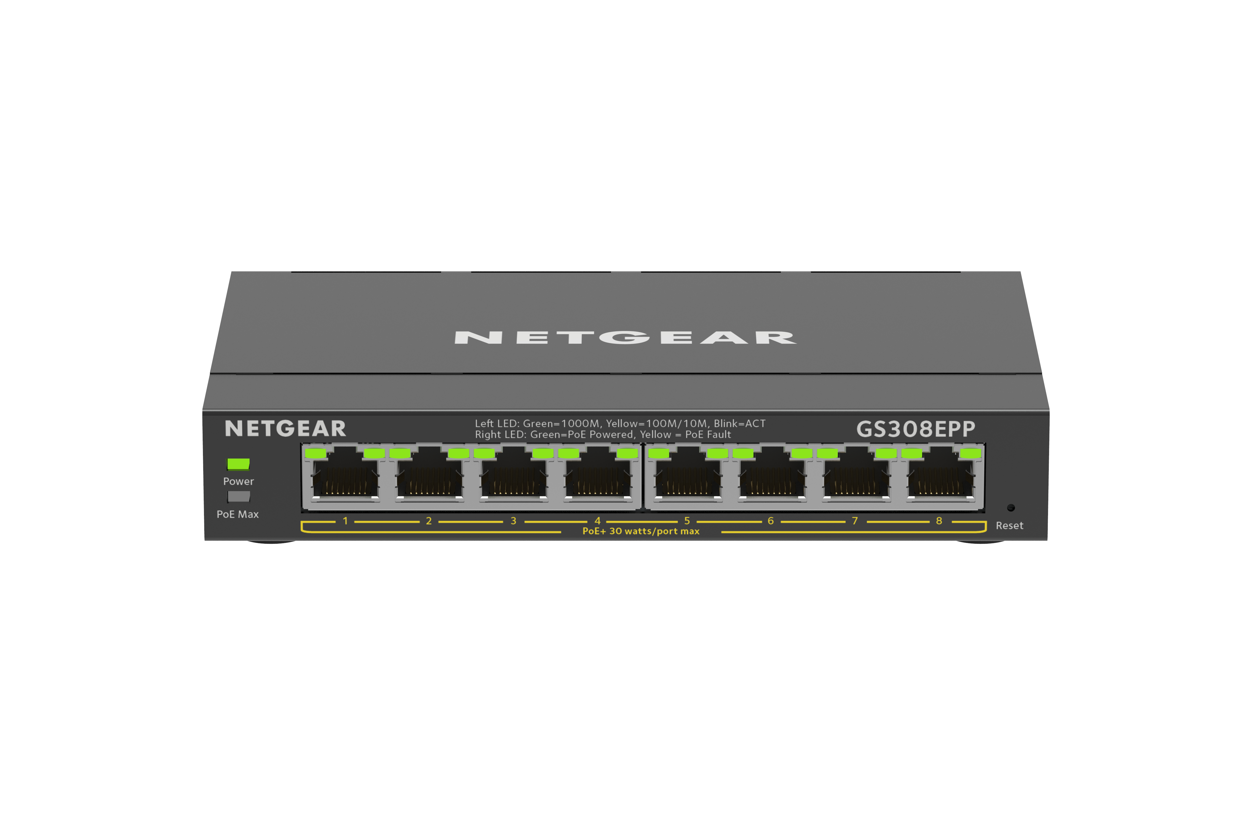 Uno switch Netgear nero con 8 porte. Dispone di spie luminose e un pulsante di accensione. Sfondo bianco.