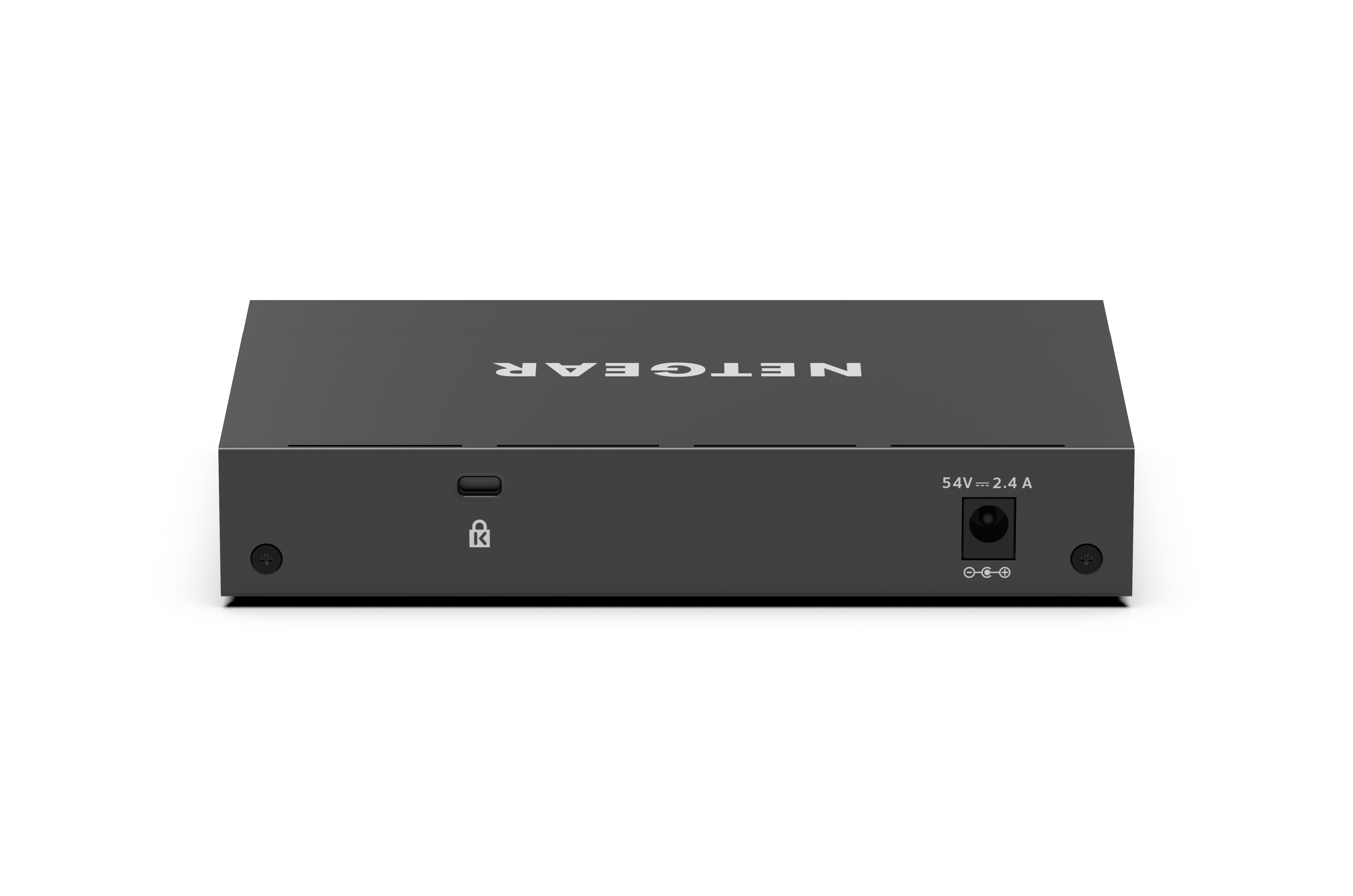 Switch Netgear nero. Presenta una porta di alimentazione, un'icona di blocco e il marchio Netgear.