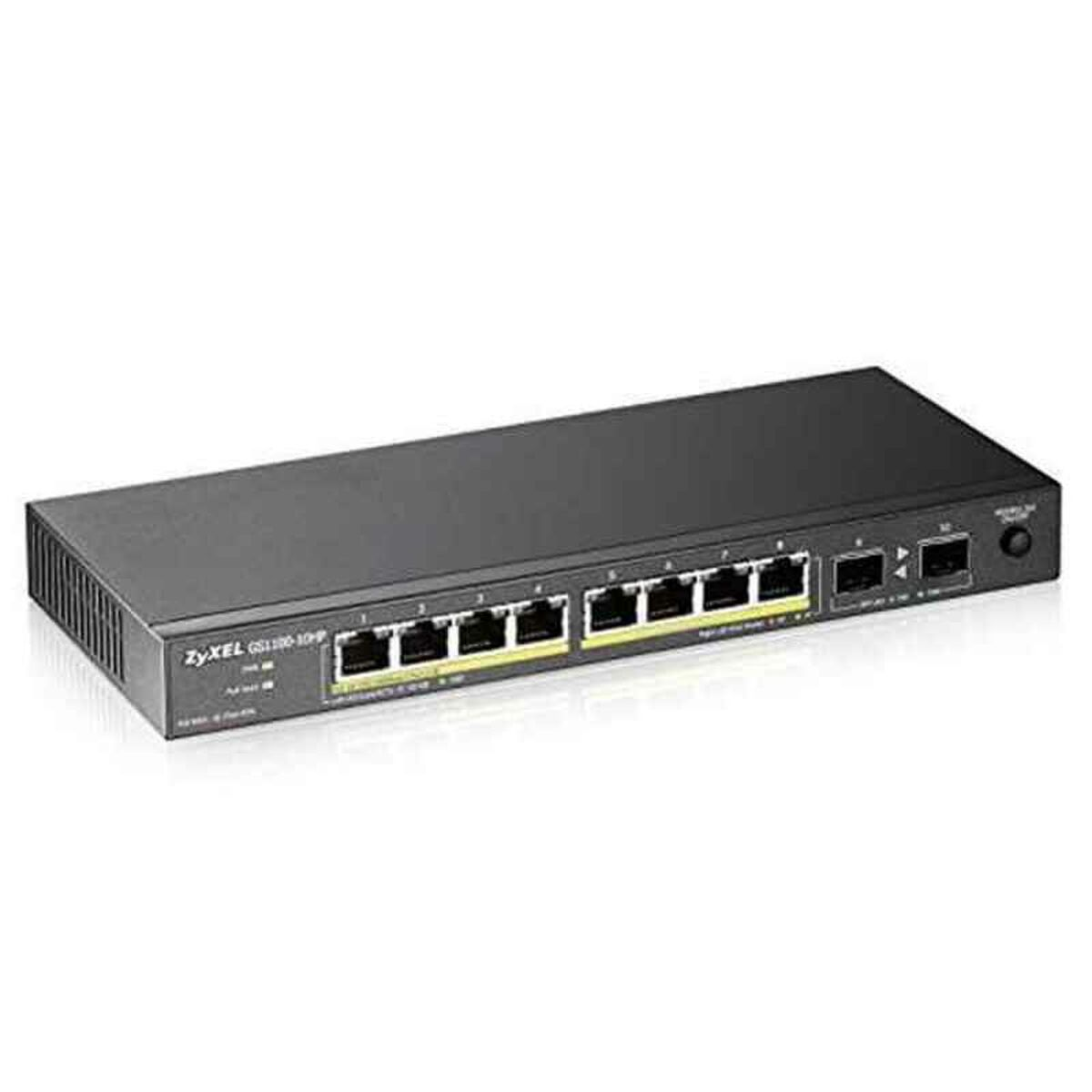 Switch de red Zyxel negro. Tiene múltiples puertos, numerados. Zyxel e información del modelo al frente.