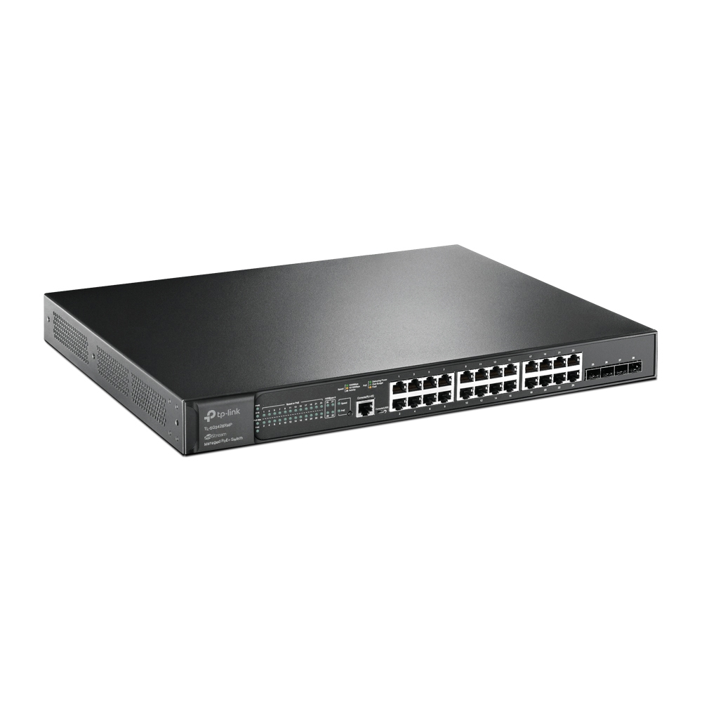 Schwarzer TP-Link-Switch mit mehreren Anschlüssen, schräge Ansicht.