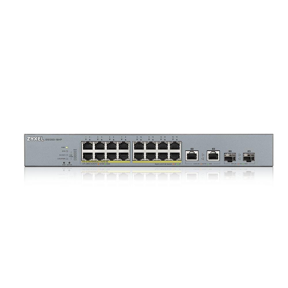 Switch di rete Zyxel grigio con molte porte e luci. Sfondo bianco.