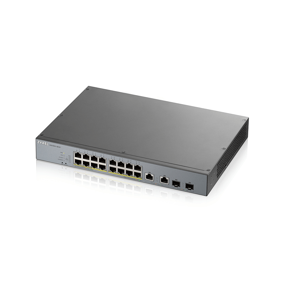 Switch Zyxel grigio con più porte e luci. Isolato su sfondo bianco.