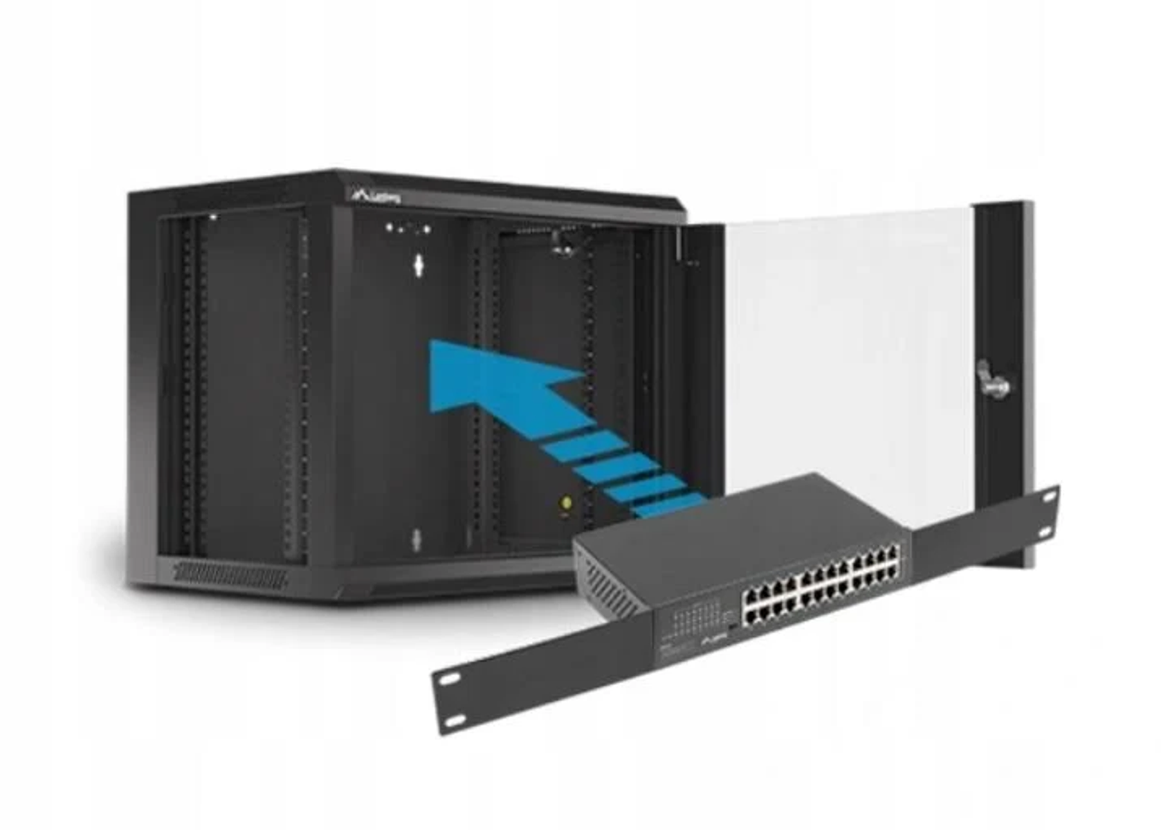 Czarny stelaż serwerowy z niebieską strzałką wskazującą na przełącznik sieciowy na białym tle.