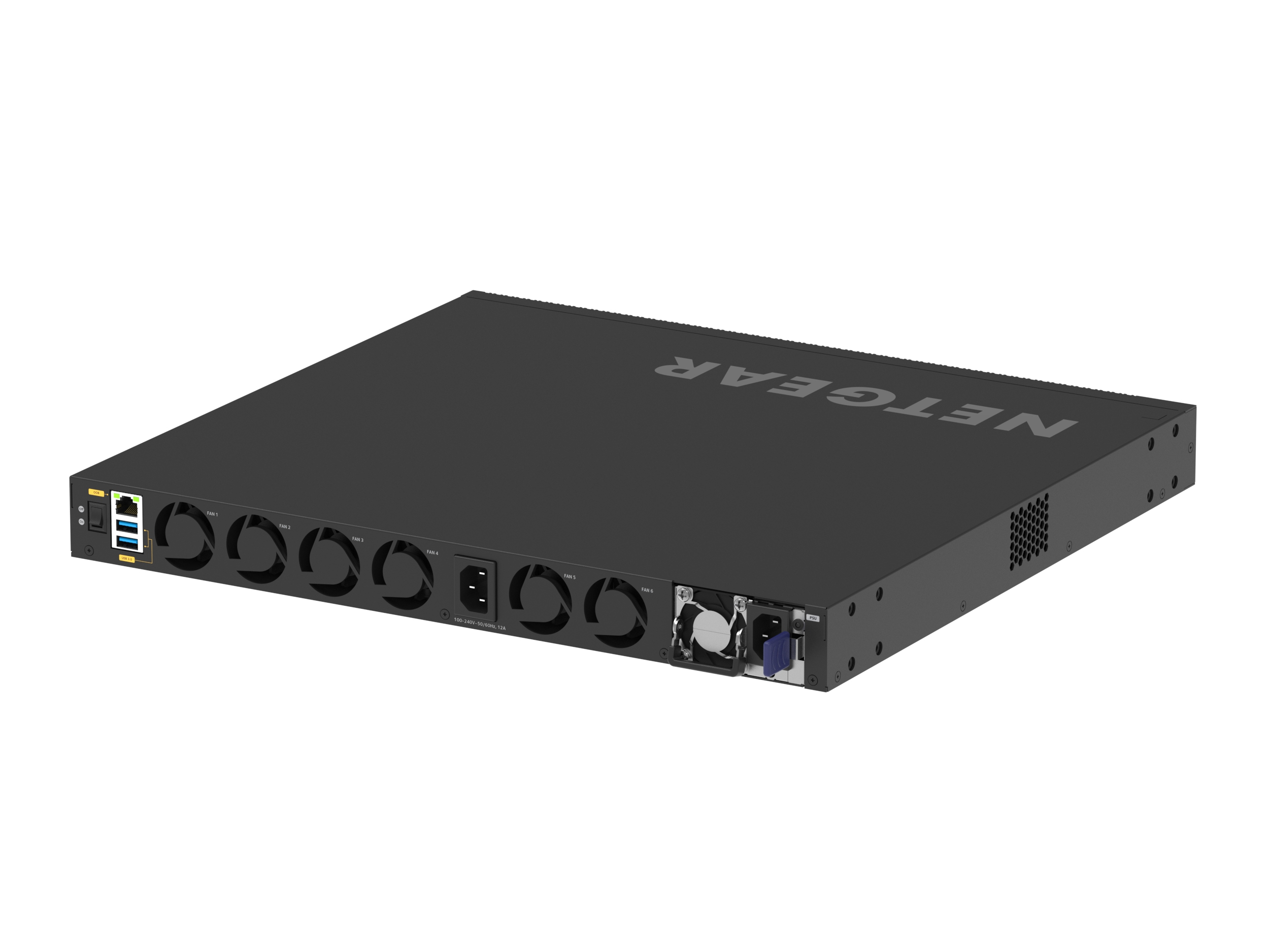 Switch NETGEAR nero con porte e ventole su sfondo bianco.