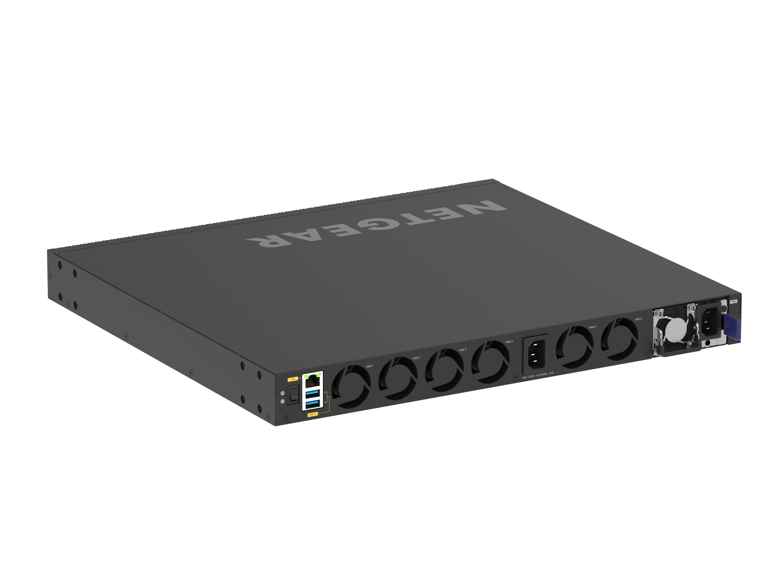 Switch di rete nero con più ventole e porte. Sfondo bianco.