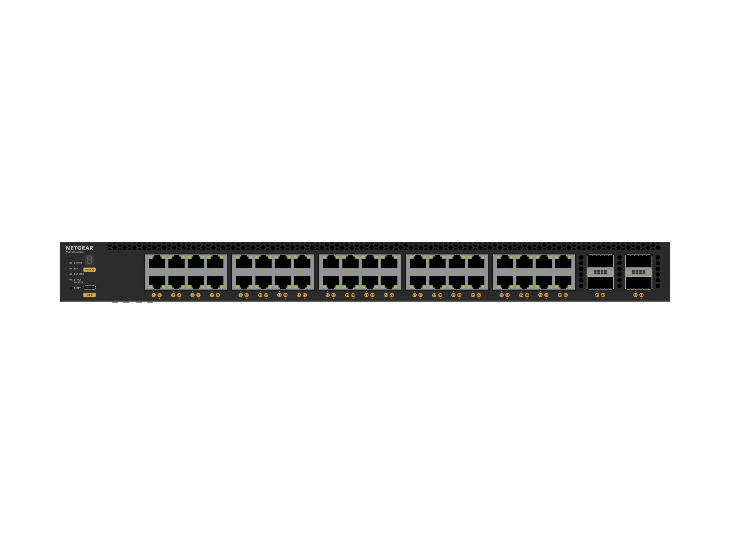 Switch di rete nero con numerose porte, spie luminose e marchio. Sfondo bianco.