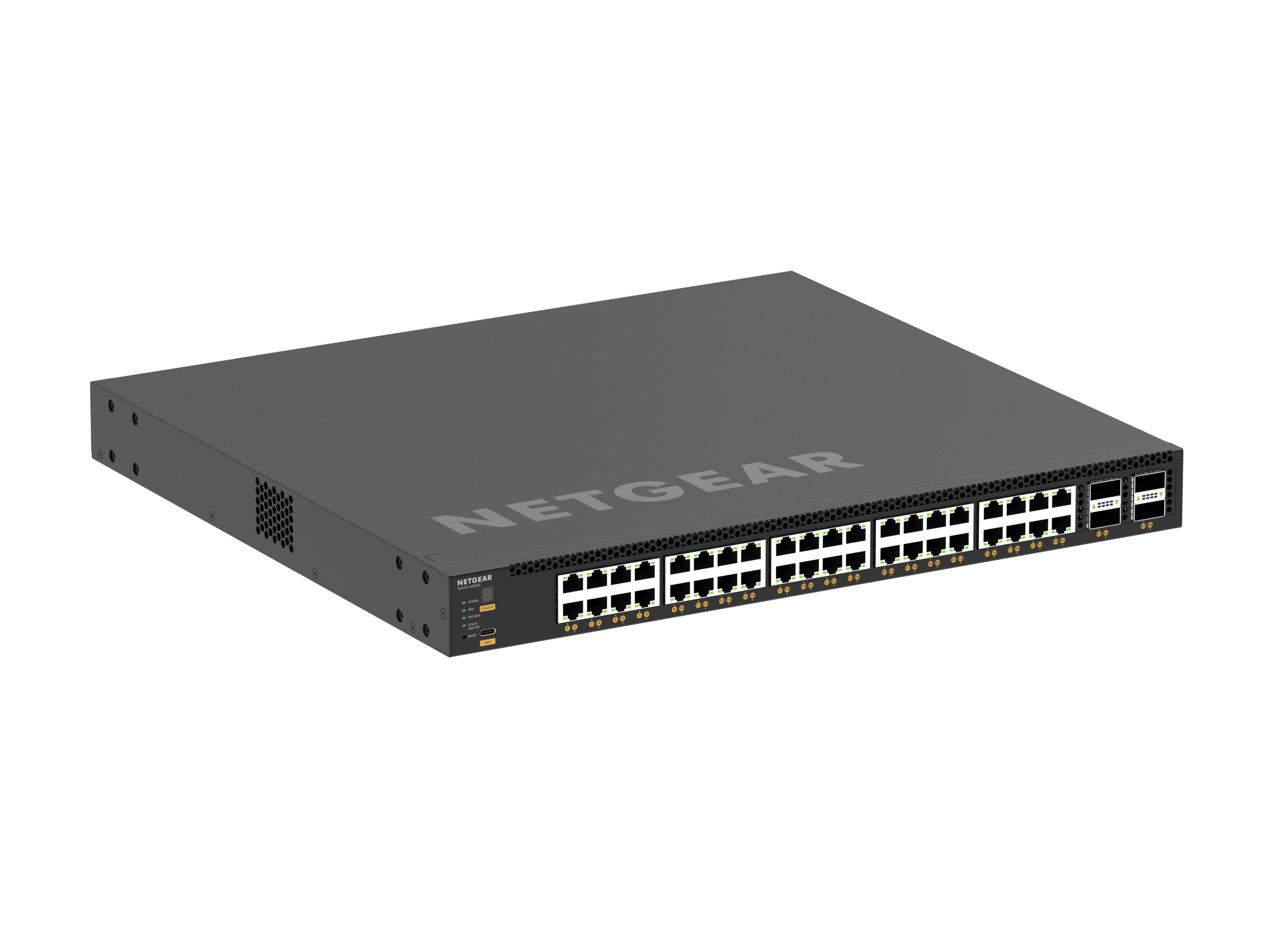 Switch di rete Netgear nero con più porte e luci frontali.